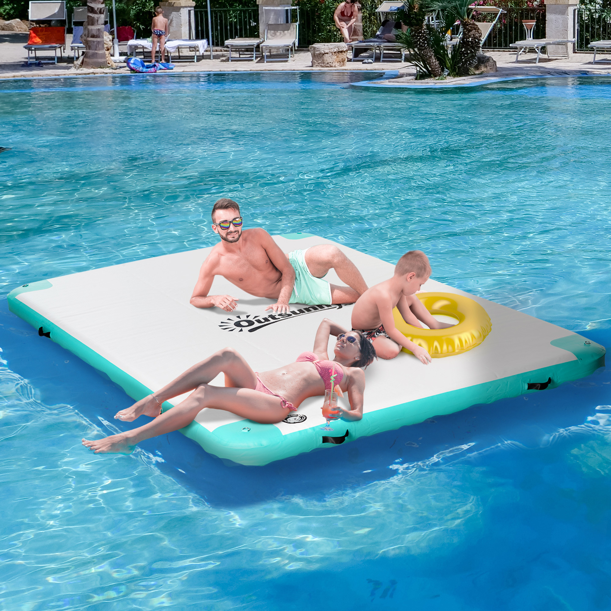 Luftmatratze Pool Klappbar Badeinsel Aufblasbare Wasserhängematte Rutschfest Wasser Matratze Pool Spielzeug für Erwachsene Schwimminsel für Pool See 304 x 204 x 15 cm