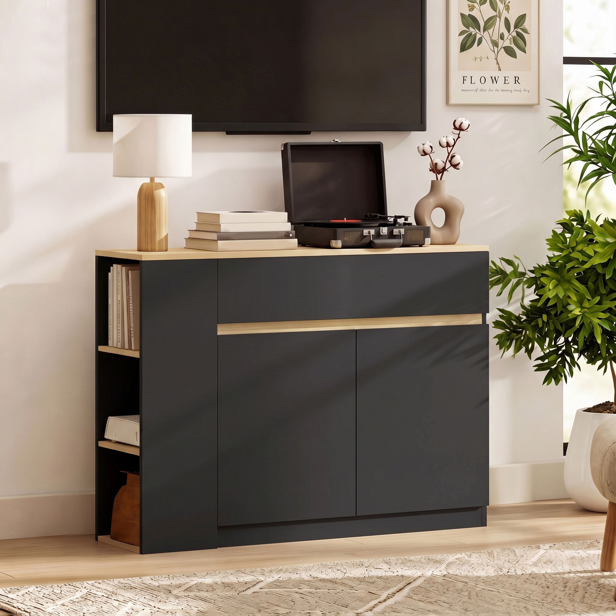 Sideboard, Buffet, großes Schrankfach, 3-stufiges Regal, Schublade, schwarz, 110 x 29,5 x 82cm