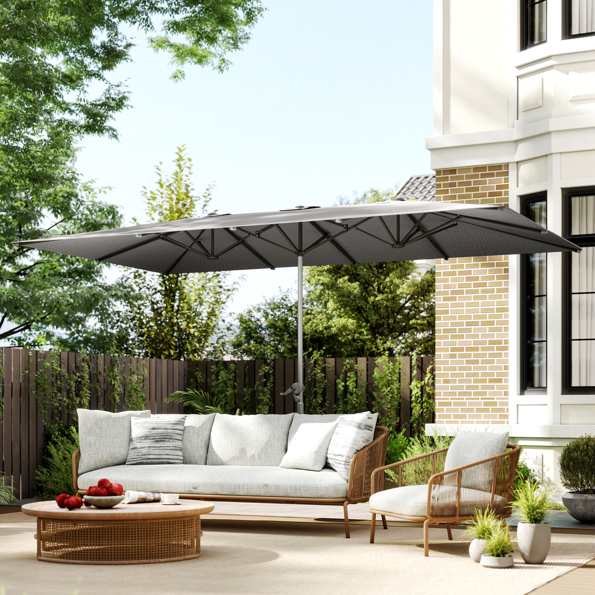 Doppelseitiger Schirm, 451 x 264 cm Sonnenschirm mit Kurbelsystem, 12 Metallstreben, Aluminiummast, Dunkelgrau