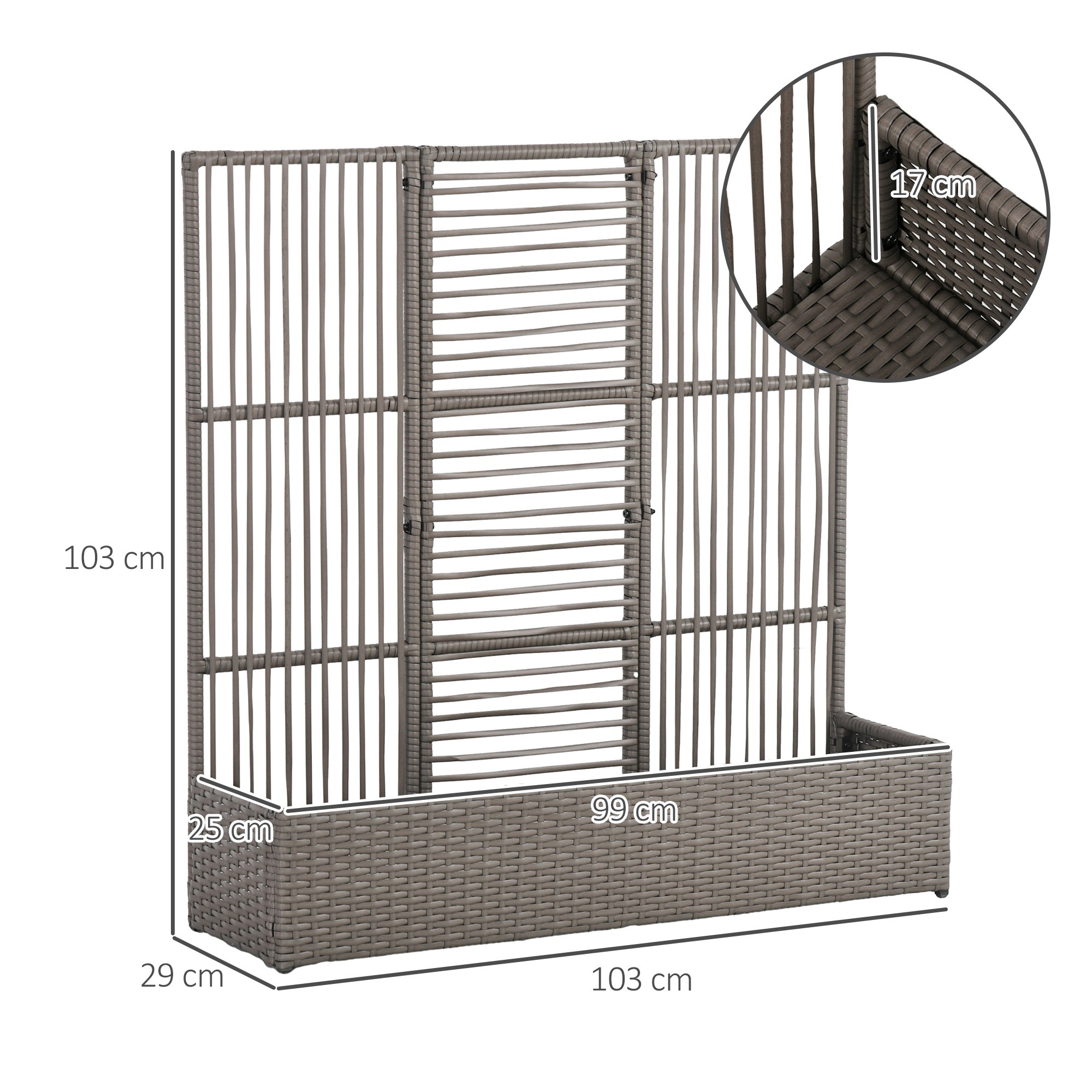 Blumenkasten mit Spalier, wetterfest, Polyrattan, 103 x 29 x 103 cm, Grau