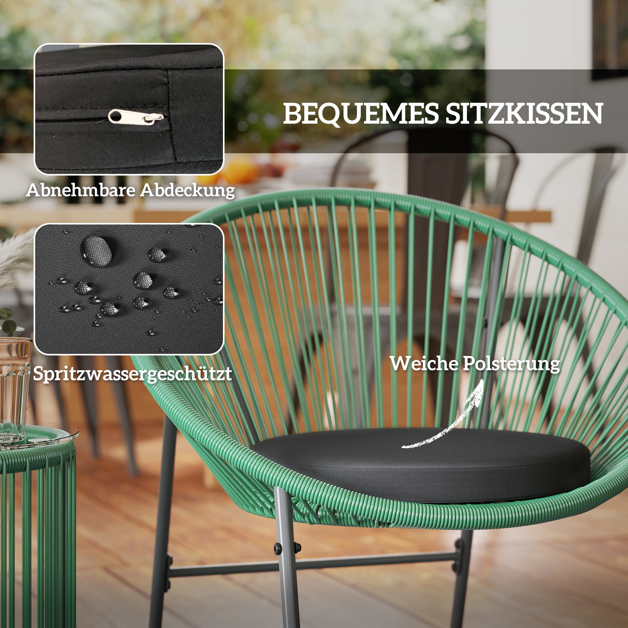 3-teiliges Outdoor-Möbelset, 1 Tisch, 2 Stühle, Glastischplatte, Kunststoff-Rattan um Stahlrahmen, weiche Kissen, Grün