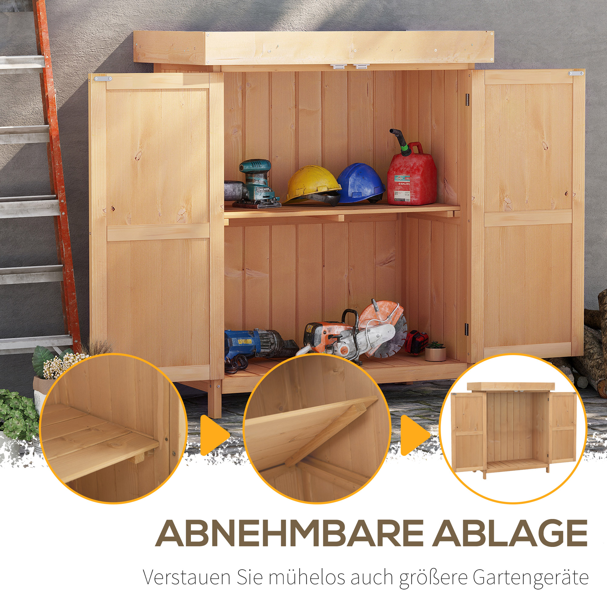Gartenschrank Tannenholz, Geräteschuppen wetterfest 74x43x88cm, Gerätehaus mit Doppeltür, 2 Fächern, Geräteschrank, Gartenhaus Werkzeugschrank Gartenschuppen für Garten, Terrasse, Natur