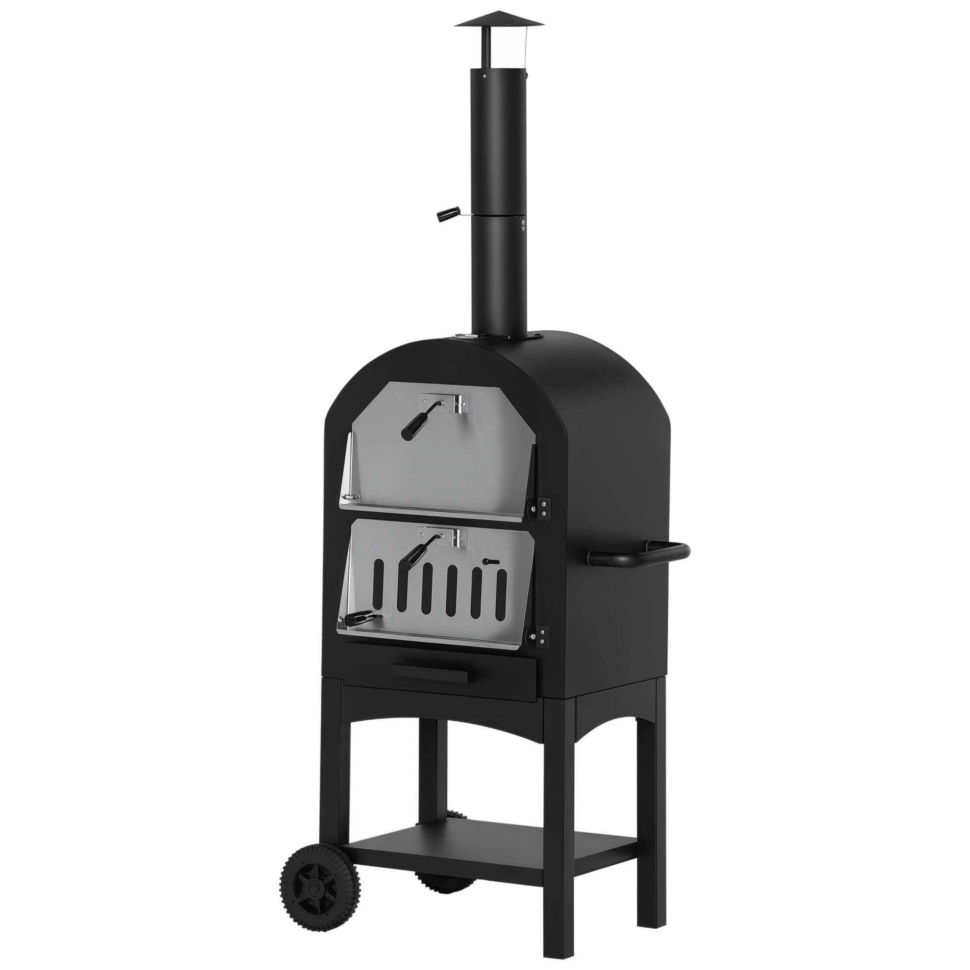 2-In-1 Pizzaofen Outdoor mit Rollen Grillofen mit Schutzhülle Pizzaschaufel 2 Grillnetzen Grillwagen mit Schornstein 3-Tier Holzbackofen für BBQ Stahl Schwarz+Silber 63 x 54 x 161 cm