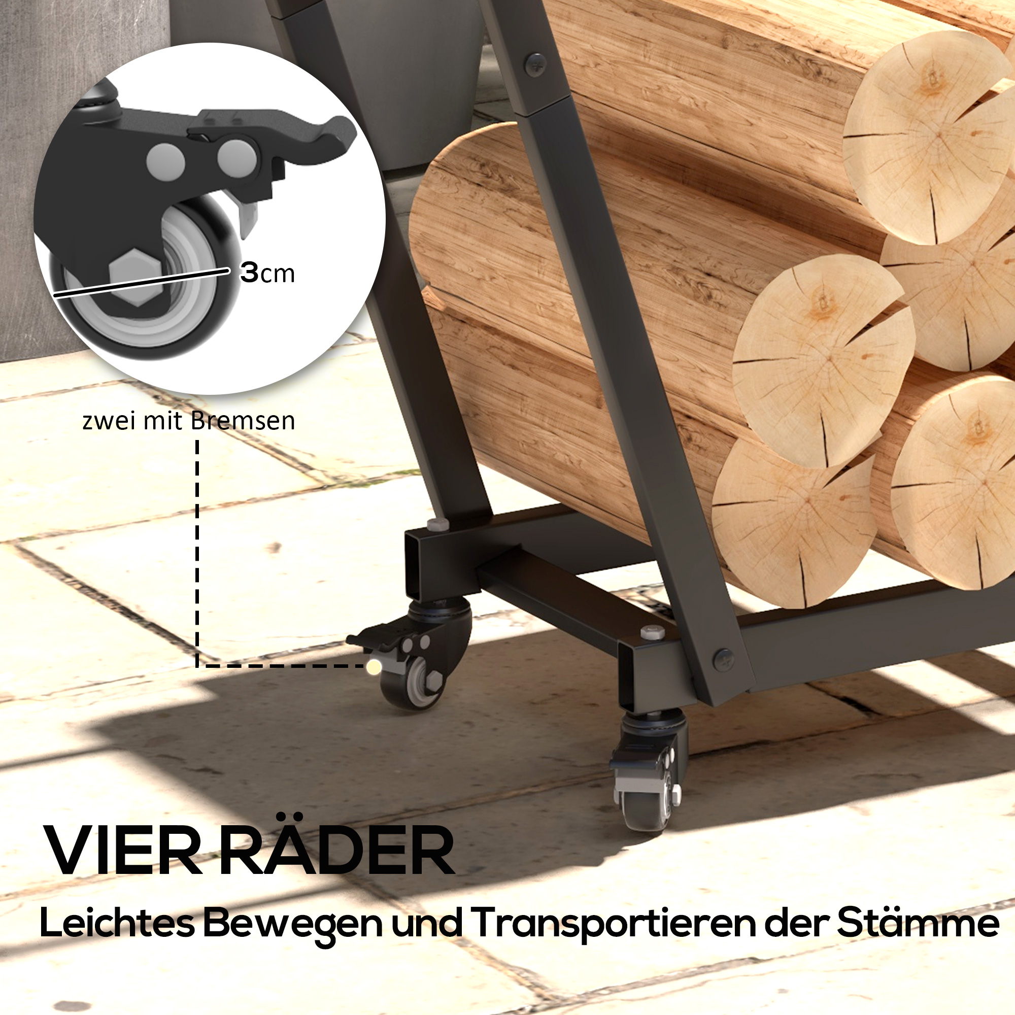 Feuerholzgestell, trapezförmiges Design, pulverbeschichteter Metall, mobil mit Rollen, 79 x 30 x 81 cm, Schwarz