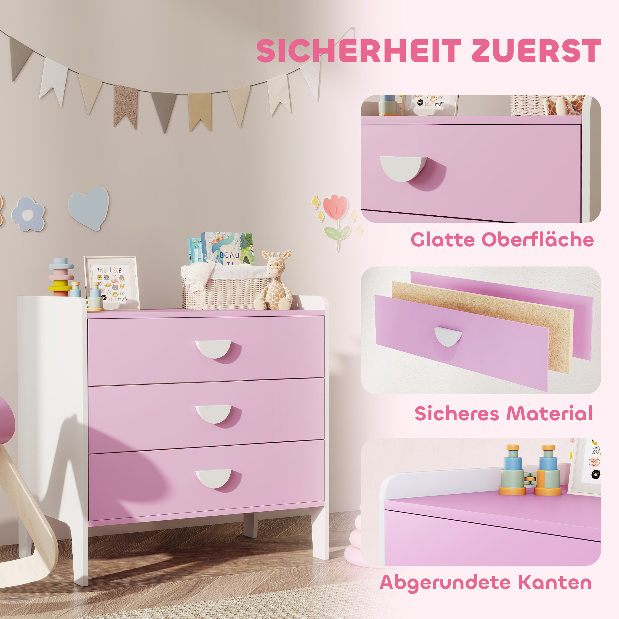 Kinder-Kommode mit 3 Schubladen, MDF, Aufbewahrungsschrank für Kinder, Rosa+Weiß
