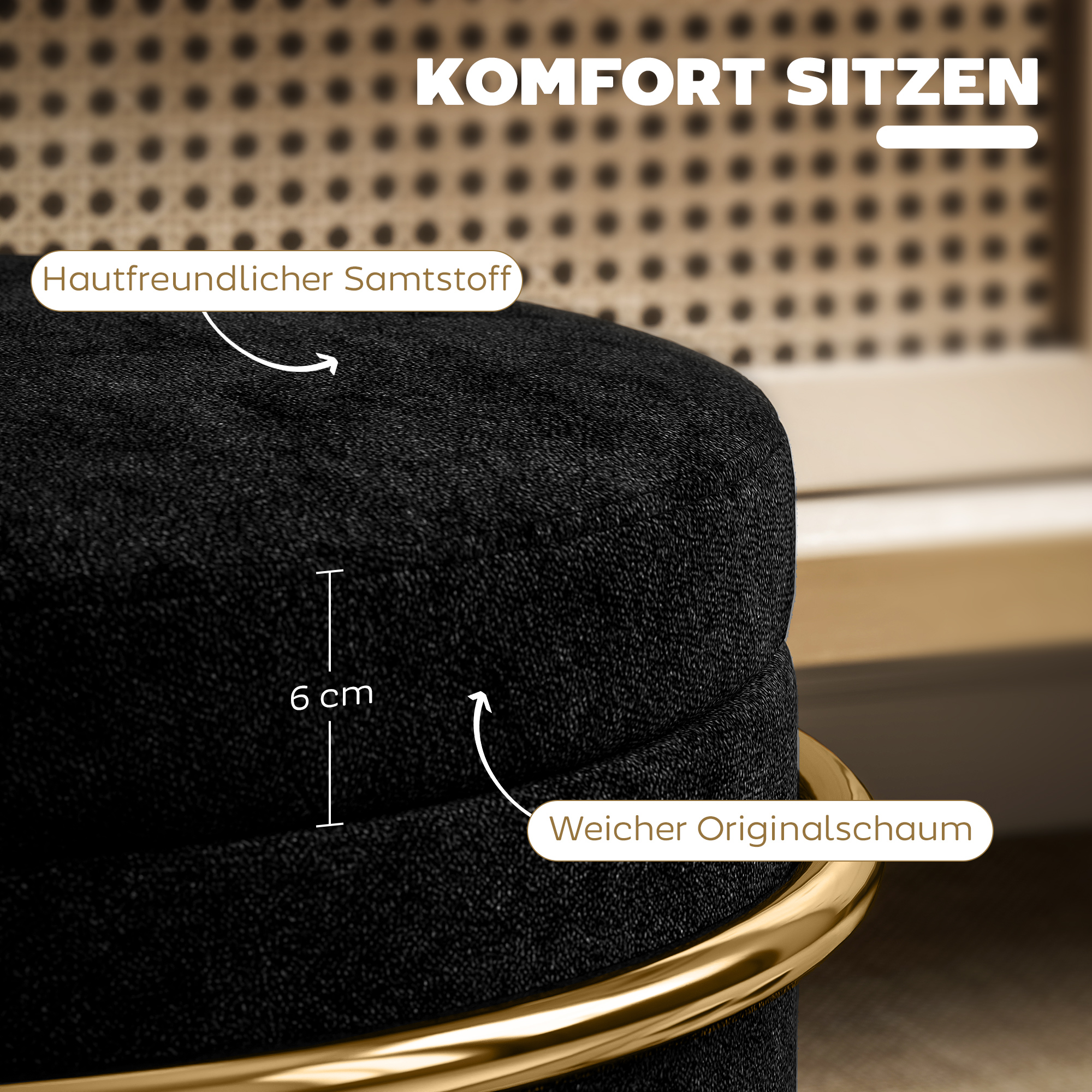 Sitzhocker mit Stauraum, gepolsterter Fußhocker, Metallrahmen, vergoldet, Schwarz