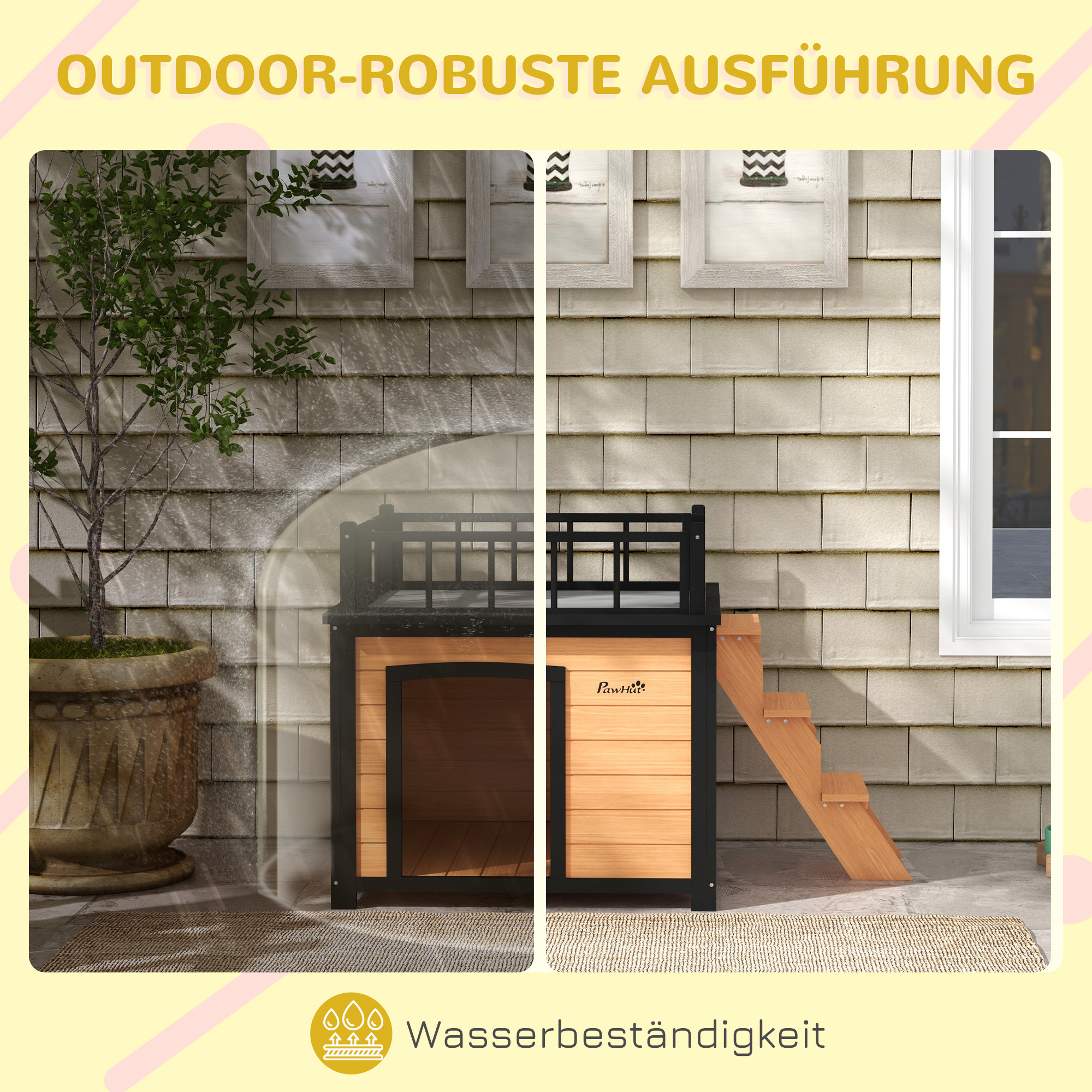 Hundehütte mit Dachterrasse, wetterfest, Holz, 121x77x78cm, Schwarz/Gelb