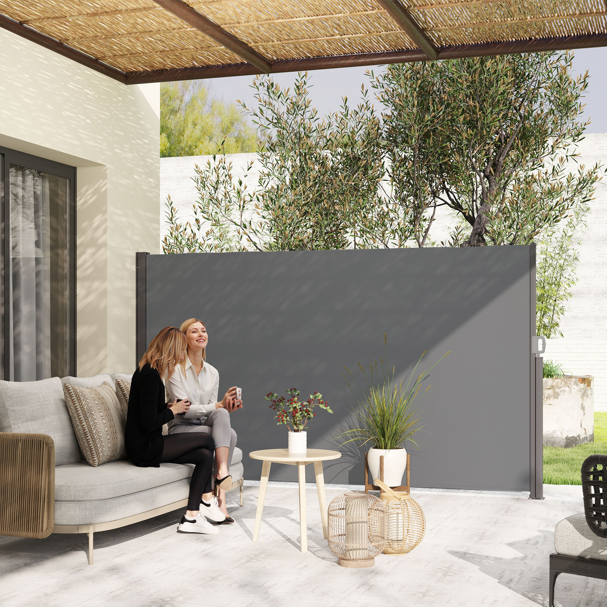 Seitenmarkise ausziehbar blickdicht Sichtschutz mit Wandhalterung  Beschichtung 300x180cm Dunkelgrau