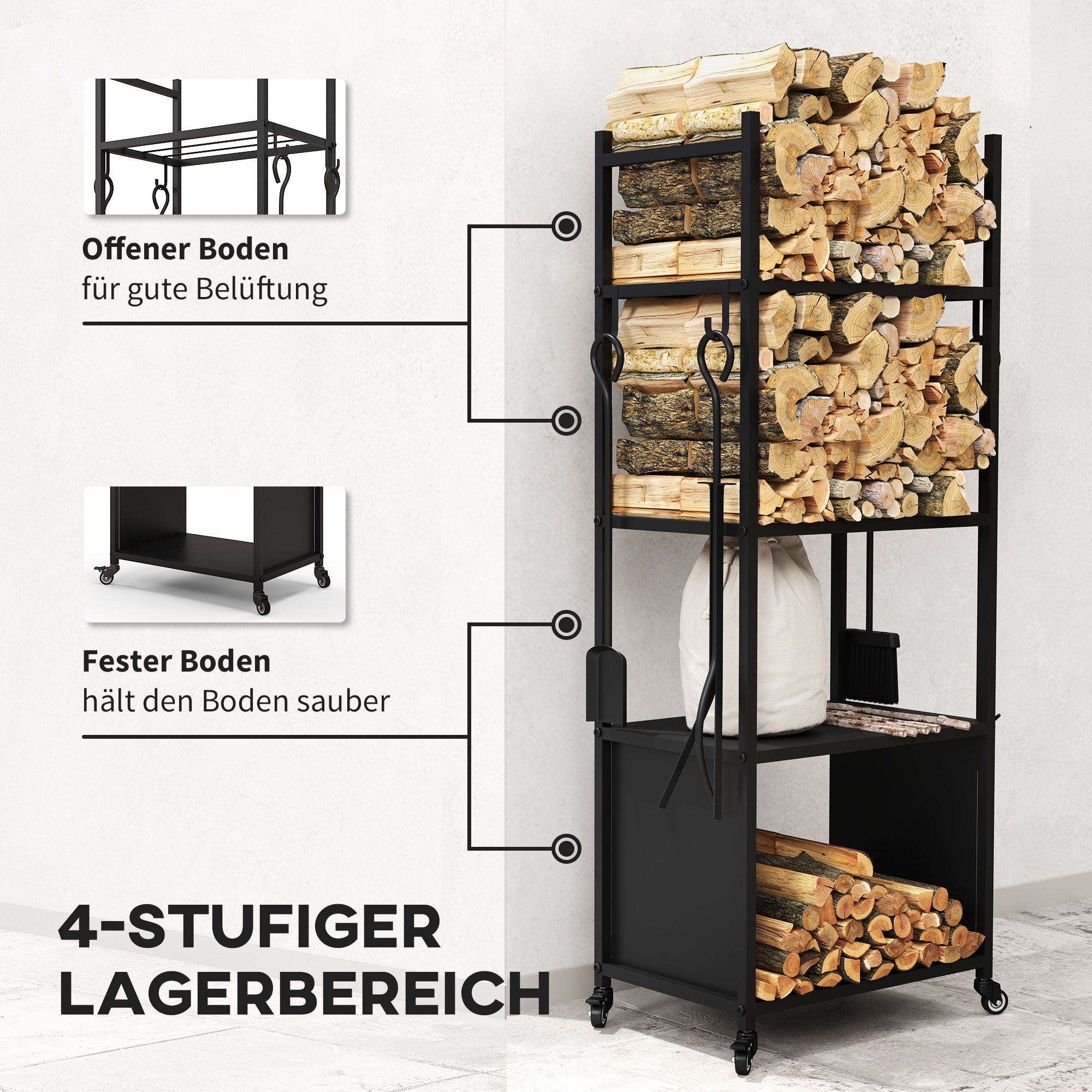 4-Ebenen-Feuerholzregal mit Rädern und 4 Werkzeugen, Brennholzregal aus Metall für den Innen- und Außenbereich, Schwarz
