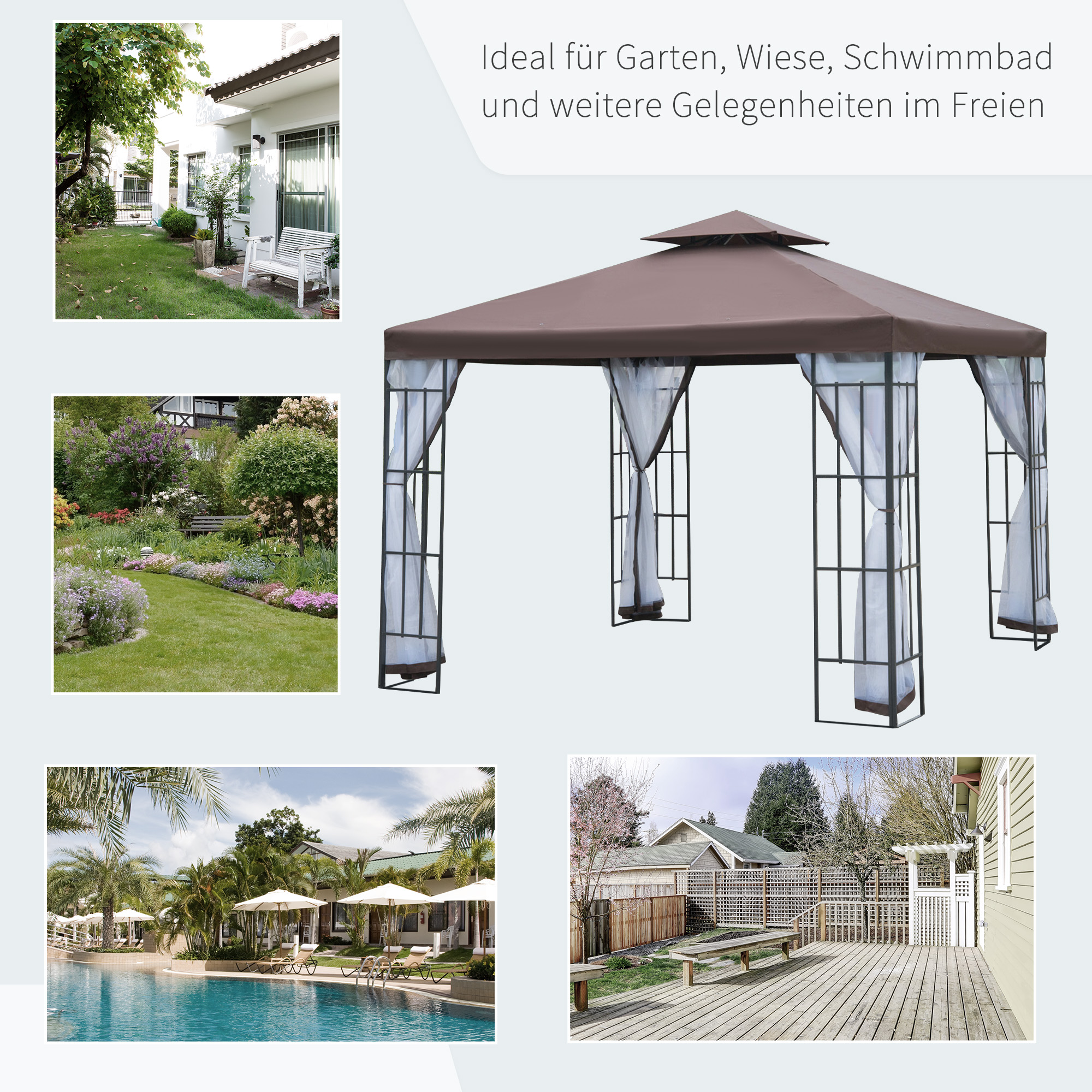 Pavillon Gartenpavillon mit Moskitonetze Seitenwände, Partyzelt mit Doppeldach, Gartenzelt Festzelt 2,97x2,97m