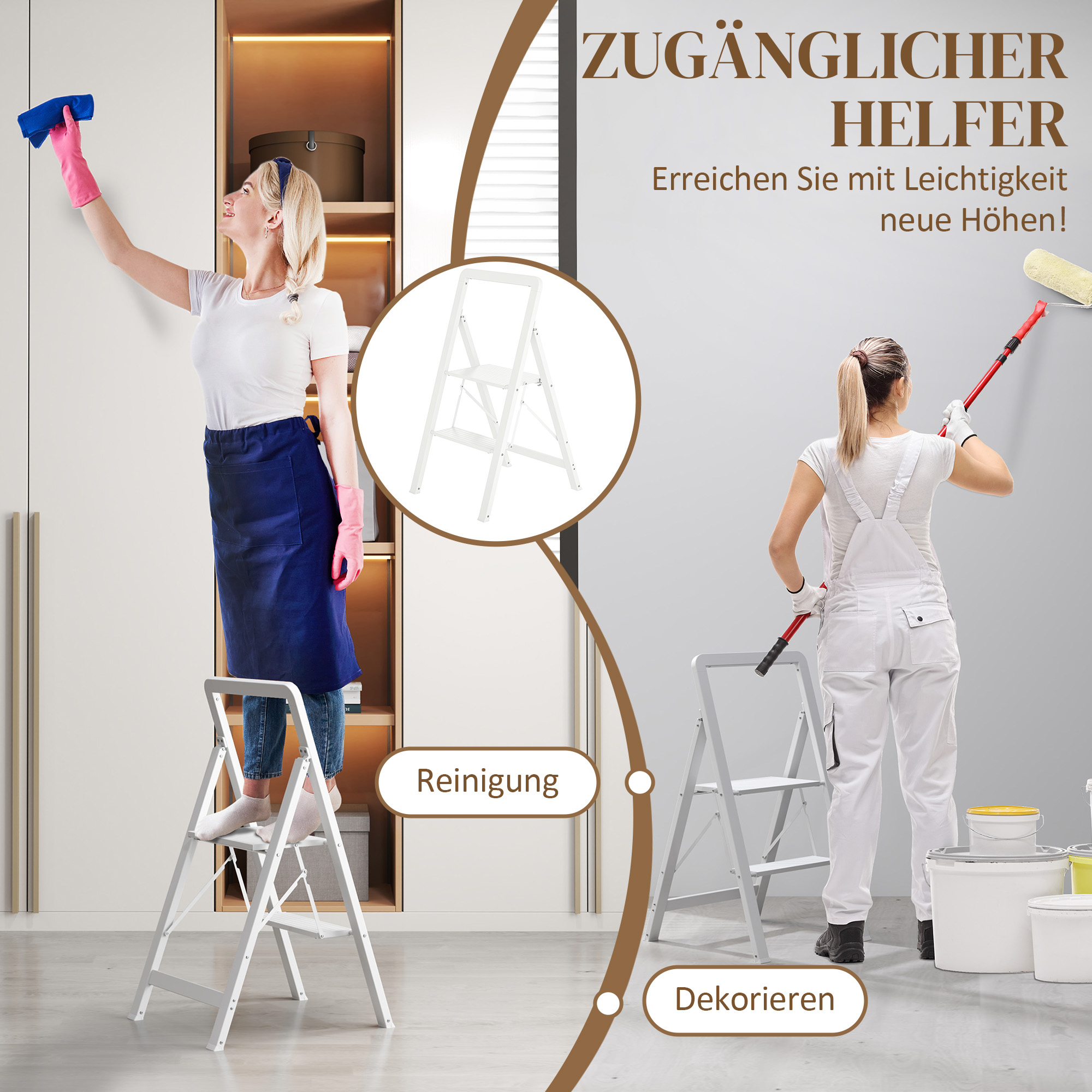 2-stufige Trittleiter, Aluminum faltbar, rutschfeste Plattform, Weiß