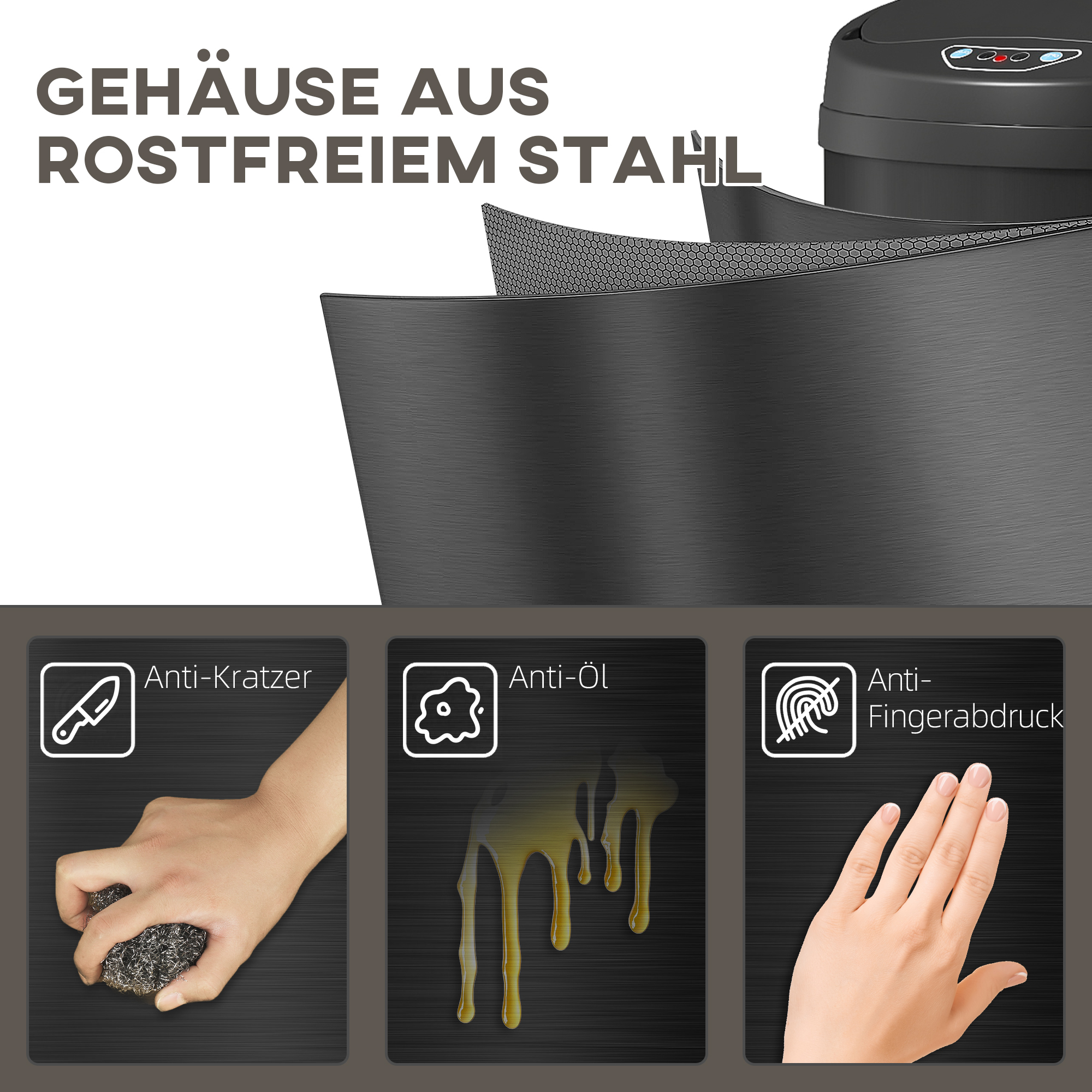 42 Liter Sensor-Mülleimer mit Soft-Close-Funktion, berührungsfreier Abfalleimer aus Edelstahl für hygienische Küchen