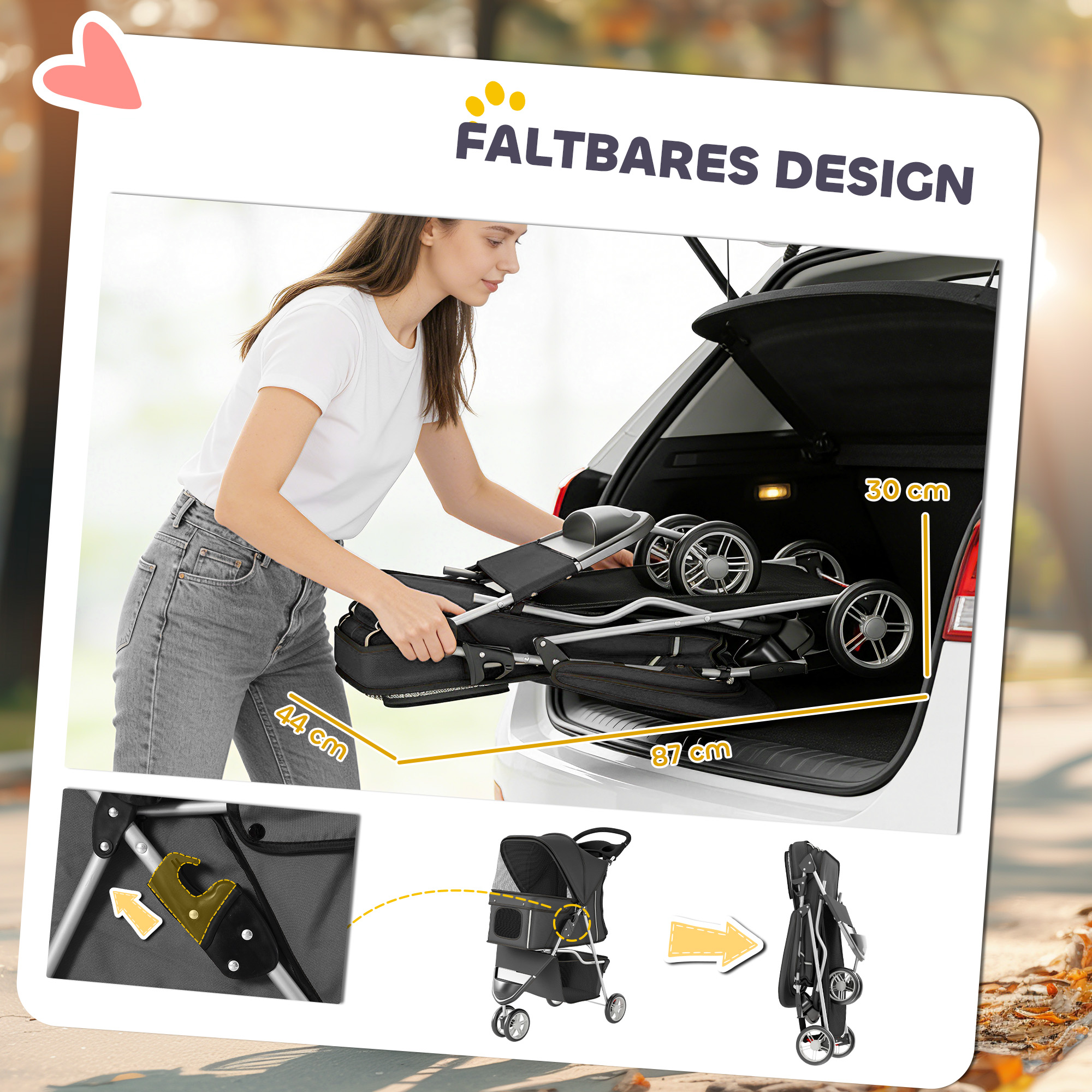 Faltbar Hundewagen mit verstellbarem Verdeck, Aufbewahrungskorb, für kleine Hunde bis 10kg, 77 x 44 x 102 cm Dunkelgrau