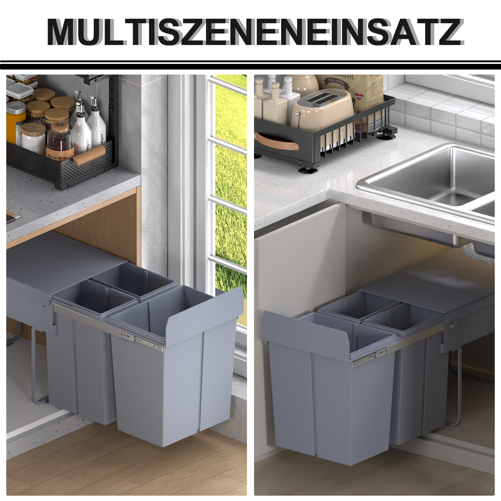 Mülleimer-Konstruktion mit 3 Abfalleimern zur Mülltrennung, Schienensystem, einbaubar, 3er-Set Müllbehälter, Grau