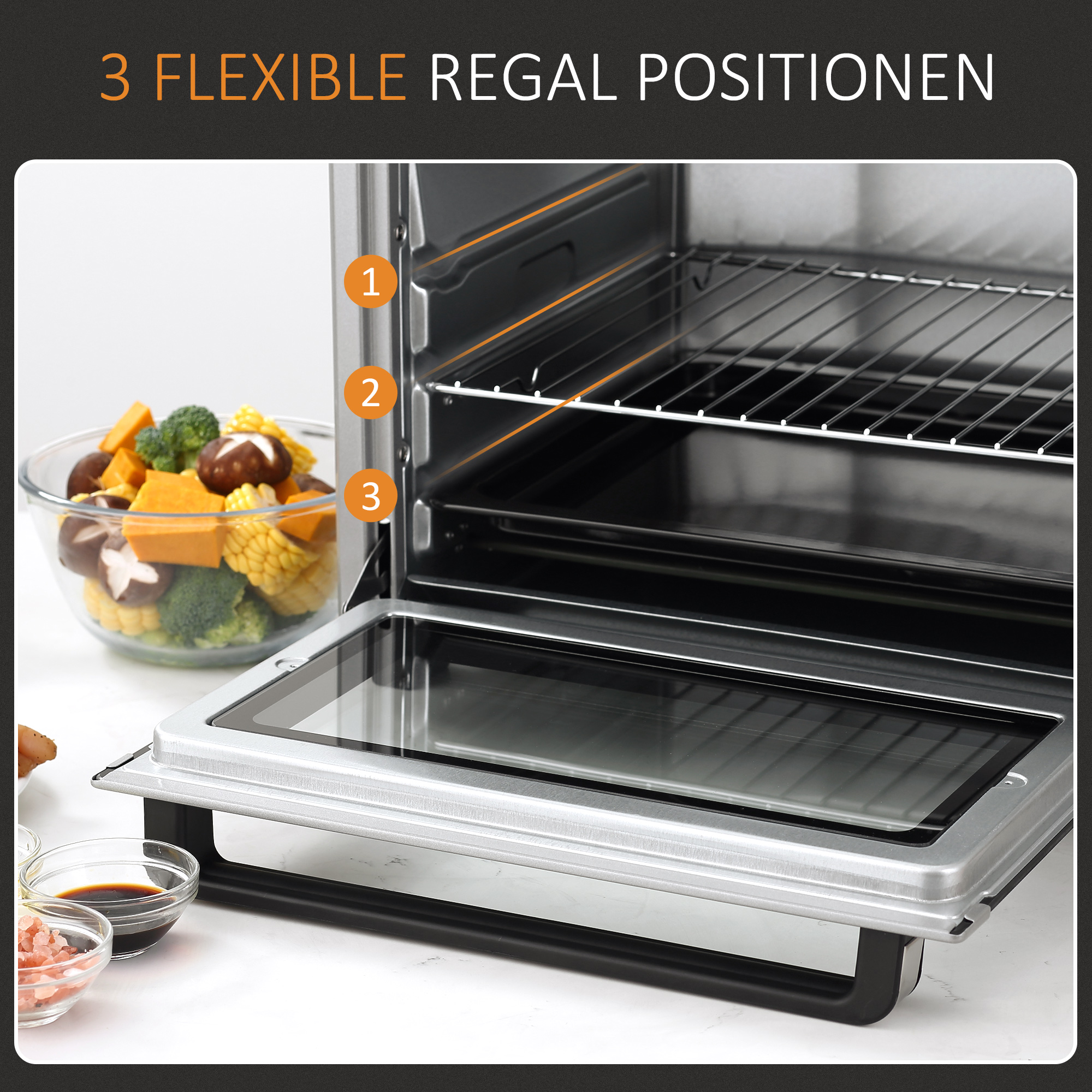 Mini Backofen 32L 100 °C-230 °C 1600 W Mini Ofen mit Backblech Krümelblech Grillrost und 3 Kochmodi Pizzaofen mit Timer Backblech-Griff Edelstahl Silber