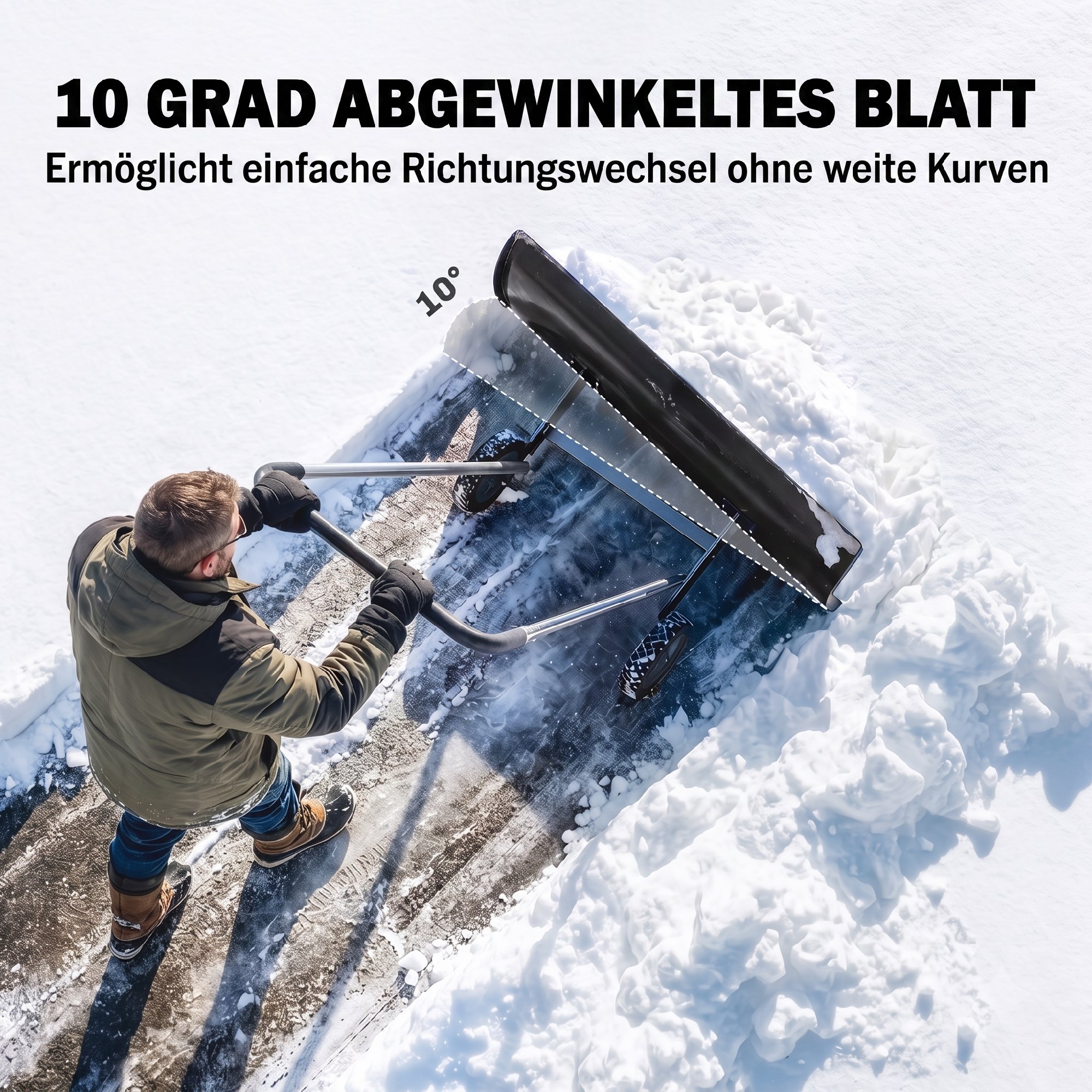 Schneeschieber groß 95 cm extra breit Aluminium Schneeschaufel mit Rädern verstellbar & rutschfest Griff, angewinkelt