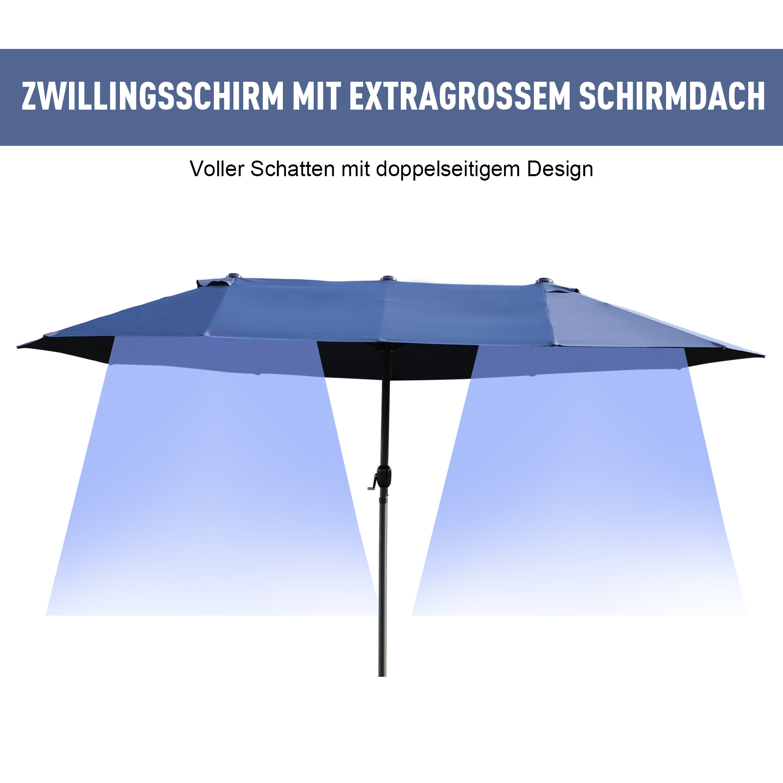 Doppelsonnenschirm 455 x 270 cm Gartenschirm mit Handkurbel oval stabil Metallstange Marktschirm Doppelsonnenschirm Terrassenschirm Sonnenschutz für Strand Balkon Terrasse Garten Blau
