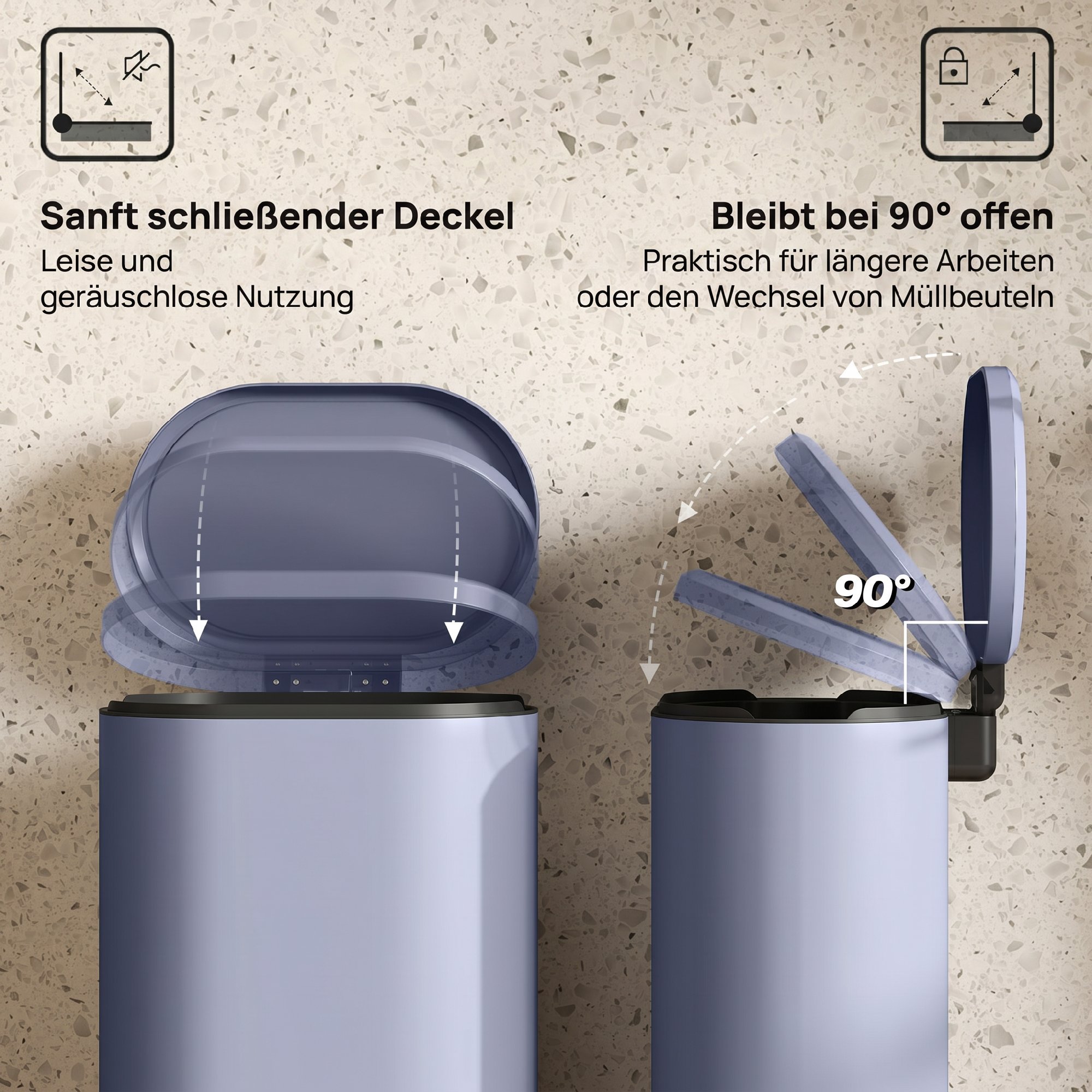Mülleimer Küche 30 Liter Treteimer mit Soft-Close-Deckel, Pedal aus Metall, Grau, 36,5 X 31 x 61 cm