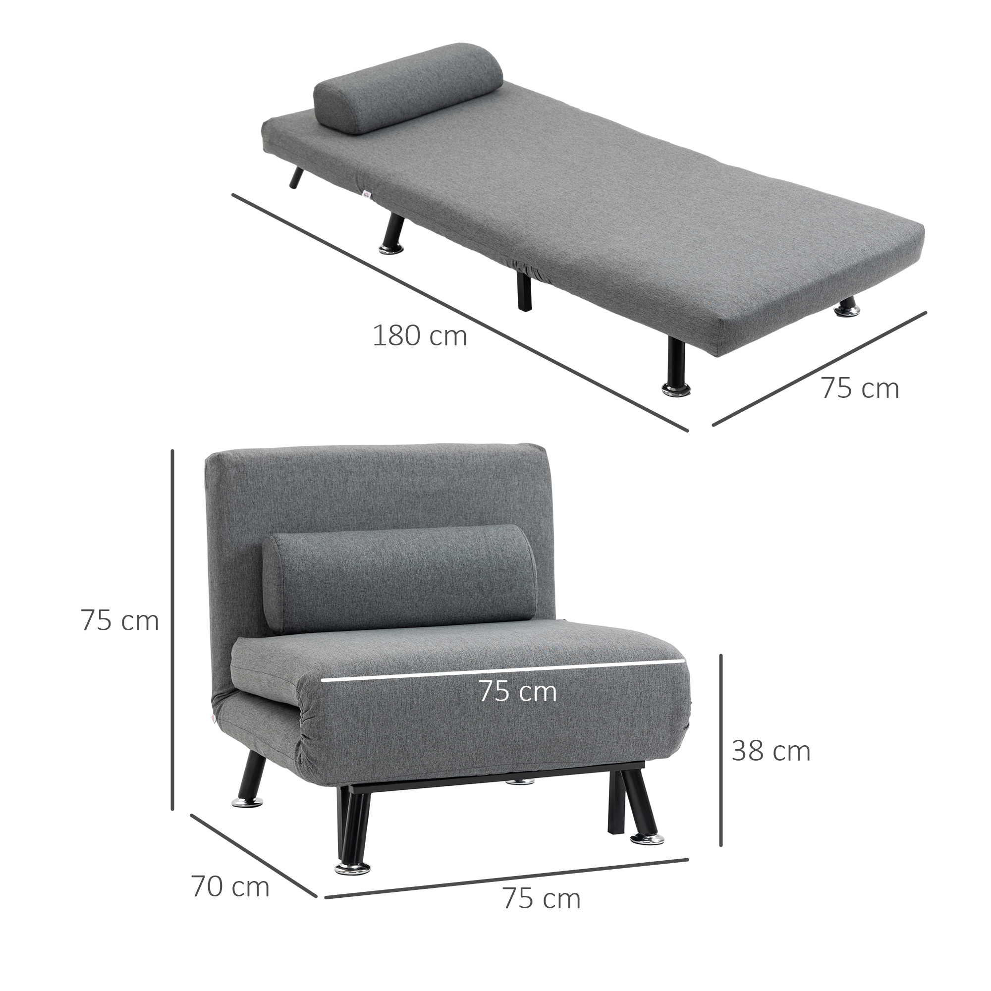 Klappsessel mit Bettfunktion, klappbarer Relaxsessel in Leinenoptik, Verstellbare Rückenlehne, 75 x 70 x 75 cm, Dunkelgrau