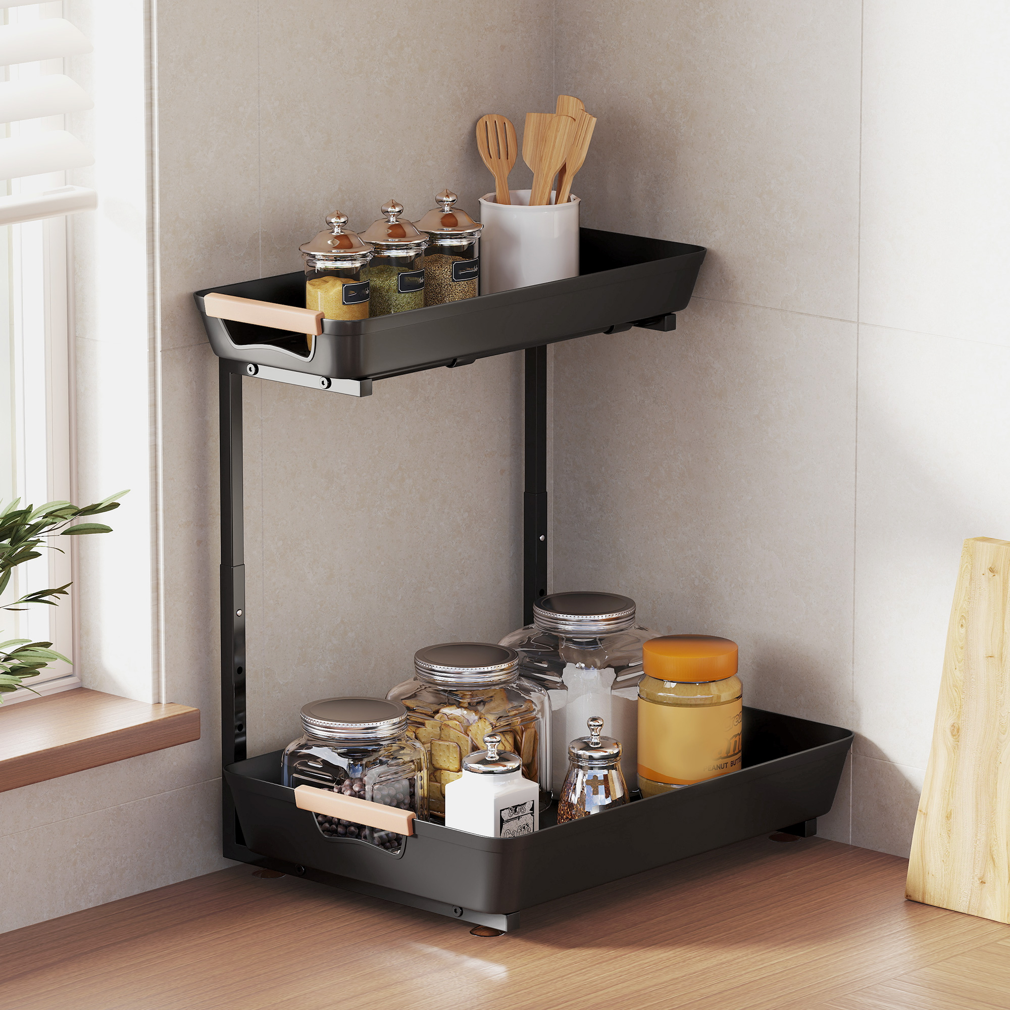 Küchenregal, Höhenverstellbar Standregal mit 2 Körbe, Kaffeebar 40 x 30 x 33,5-42 cm