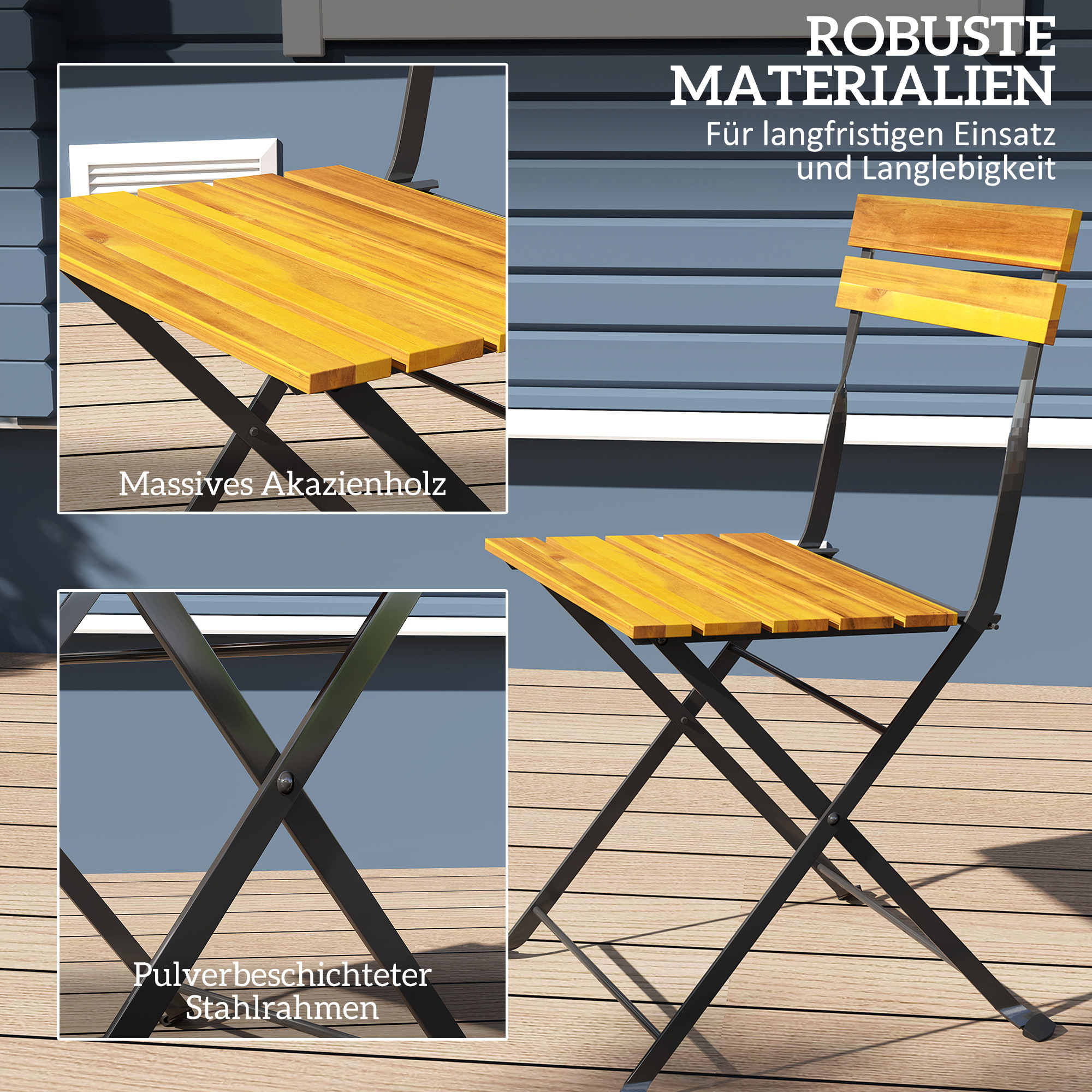 Sitzgruppe 3 tlg. Essgruppe für 2 Personen klappbarer Esstisch mit 2 klappbare Stühle für Terrasse Balkon Teak