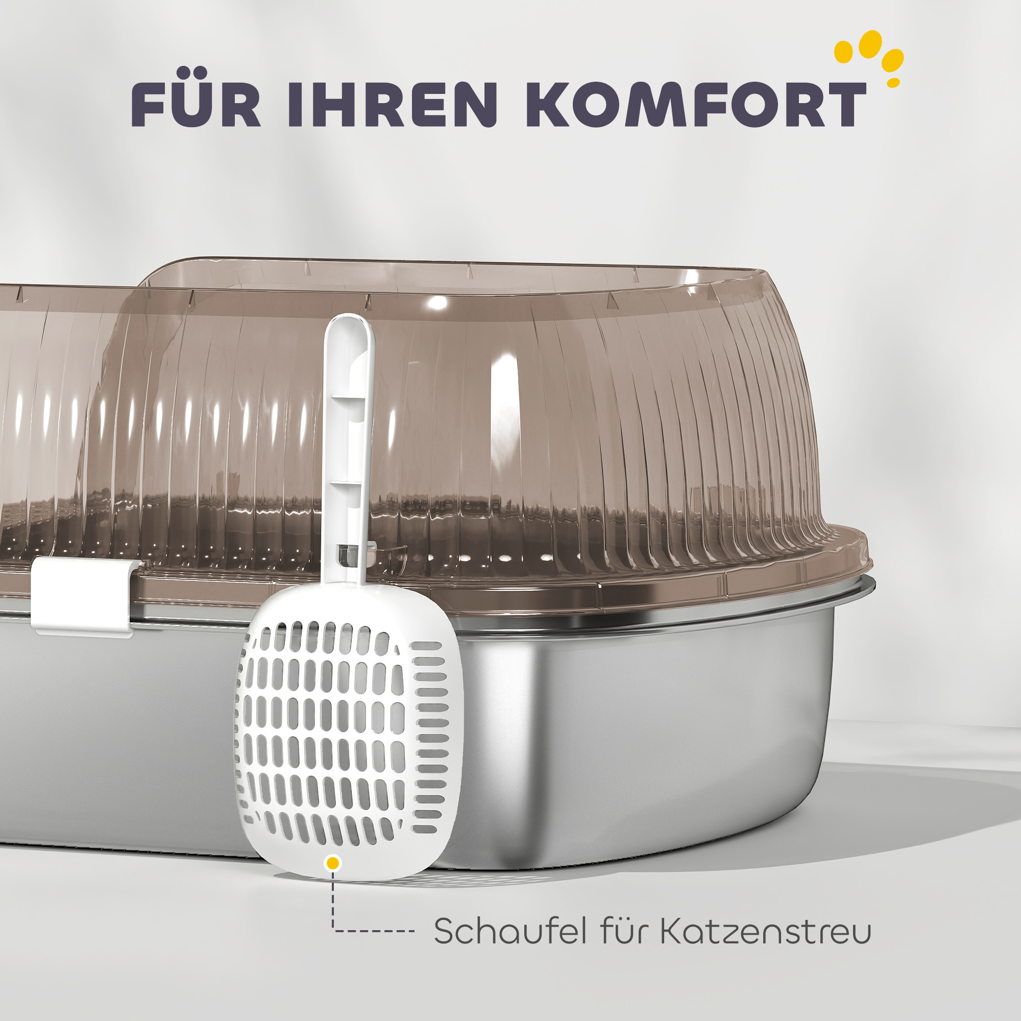 Katzenklo Edelstahl, Katzentoilette mit hohem Rand, Wanne, inklusive Schaufel, für große Katzen, 53x42x27cm, Kohlegrau