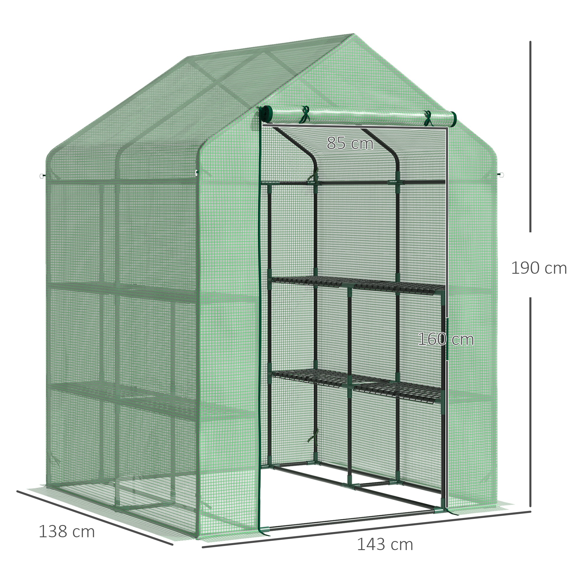 Foliengewächshaus begehbares Gewächshaus mit 8 Regalebenen Tomatengewächshaus Treibhaus Frühbeet mit Tür Grün Stahl PE-Kunststoff 143 x 138 x 195 cm