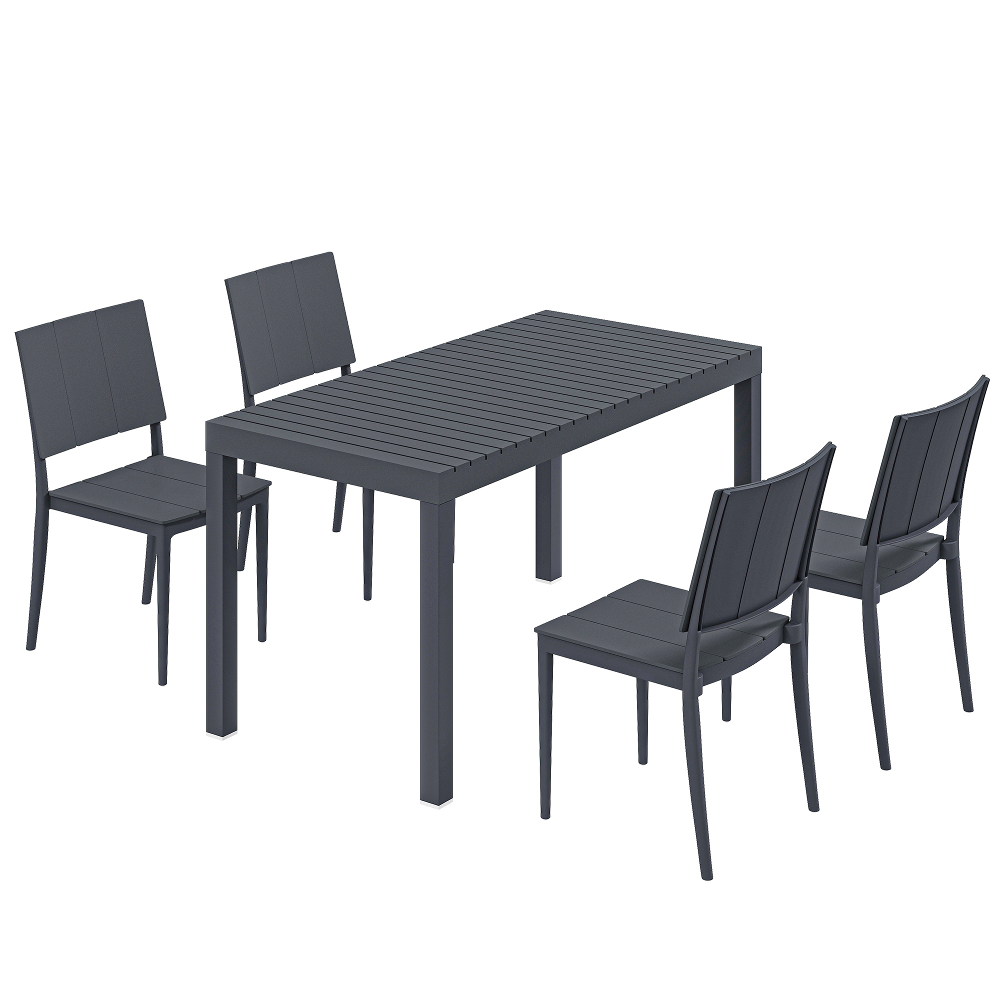 Gartenmöbel Set Sitzgruppe 5-teilig Breiter Tisch mit 4 Stapelstühlen Lamelldesign für 4 Personen Dunkelgrau