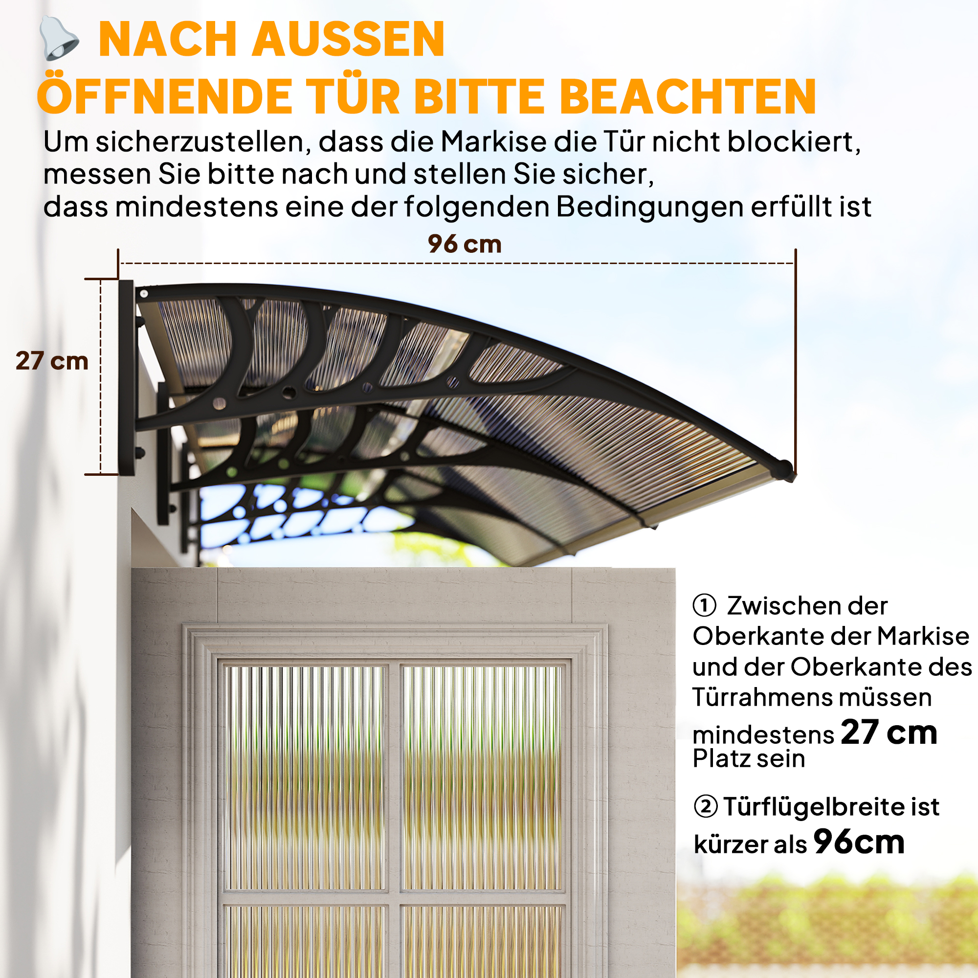 Vordach für Haustür/Fenster, wetterfest, Braun, Aluminium/Polycarbonat, 303x96x27cm, Schwarz