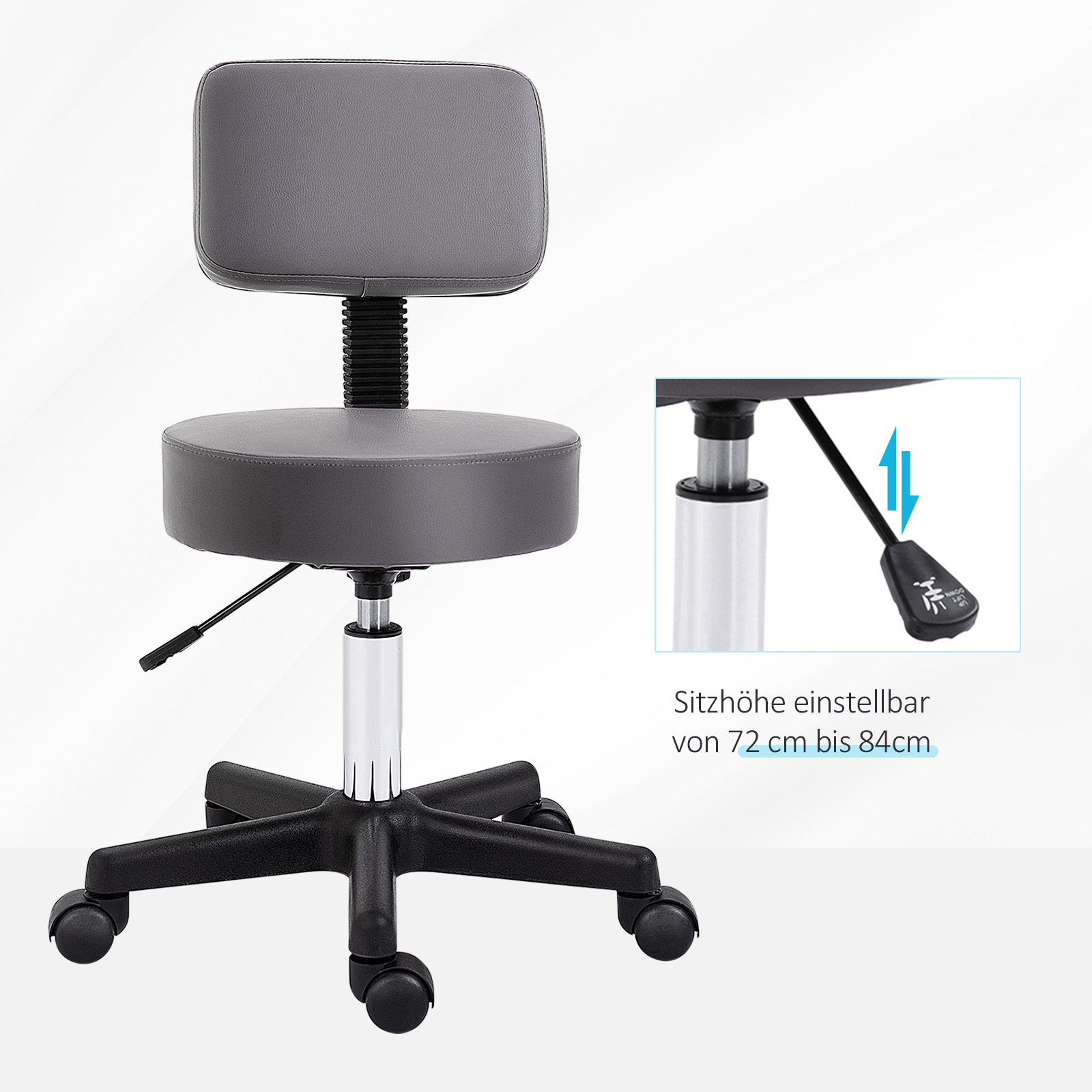 Salonhocker, höhenverstellbar, ergonomisch, 360° drehbar, 5 Rollen, synthetischer Bezug, Grau