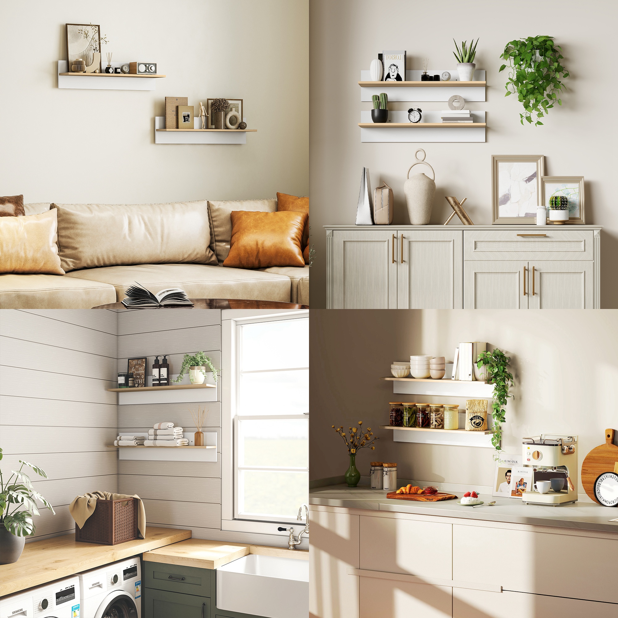 Wandregal 2er-Set Schweberegal, Wandboard, Regalbrett zur Präsentation, für Küche, Wohnzimmer, Weiß+Naturholz