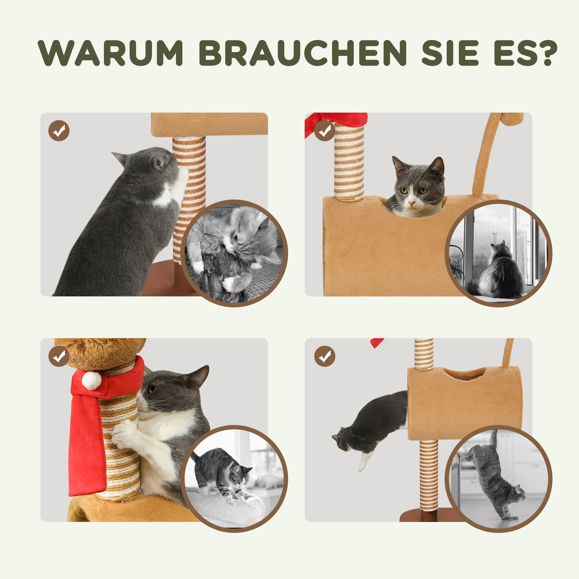 Kratzbaum 98 cm Katzenturm im Hirschdesign, mit Höhle, Spielball, Jutestämme Braun
