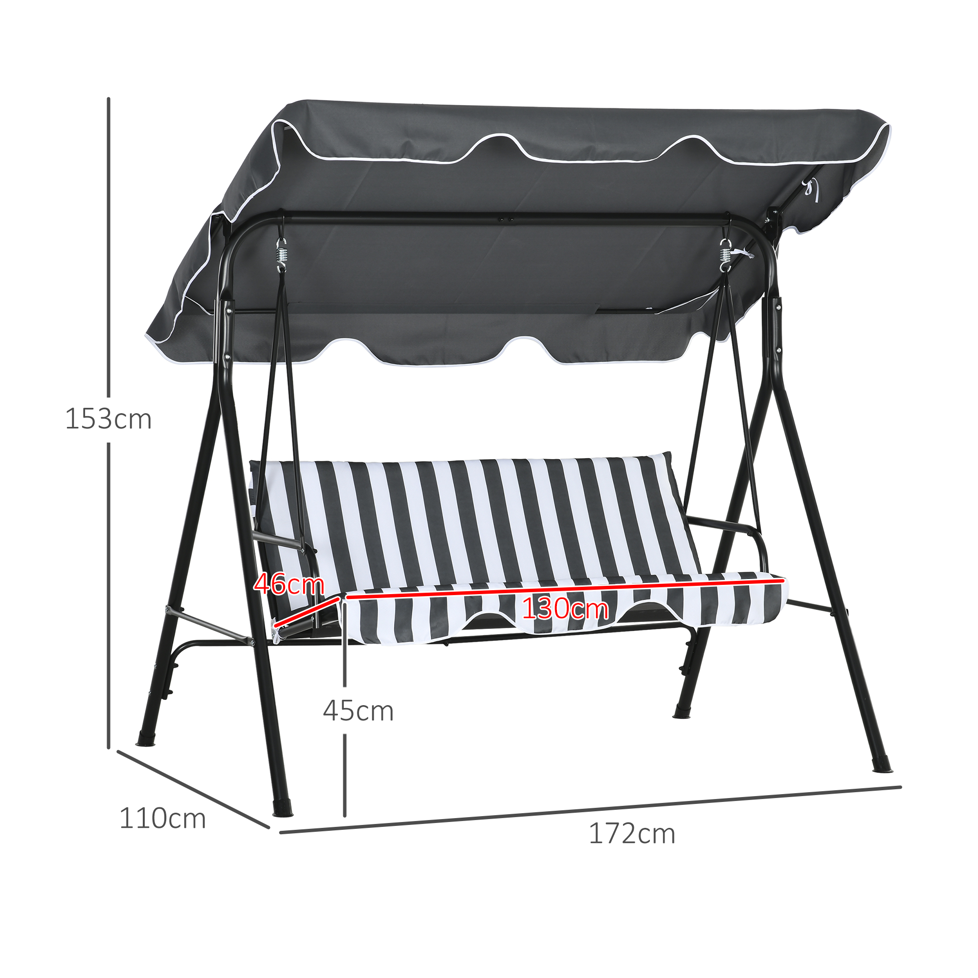 Hollywoodschaukel, Gartenschaukel, 3-Sitzer Schaukelbank mit Dach, Stahl, 172 x 110 x 153 cm, Grau+Weiß