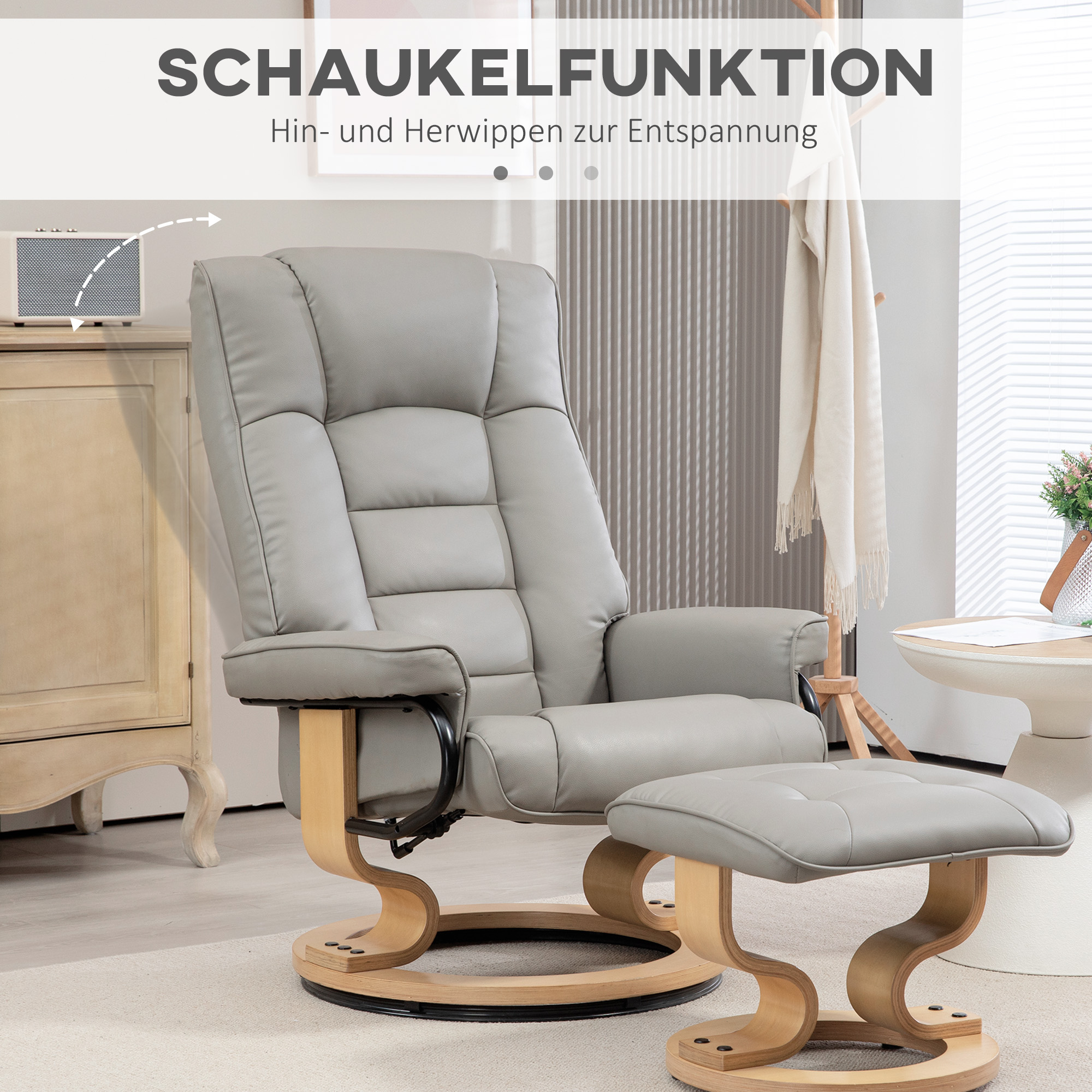 Relaxsessel mit Hocker, drehbar & neigbar, Kunstlederbezug, bis 150 kg, Holzgestell, Grau