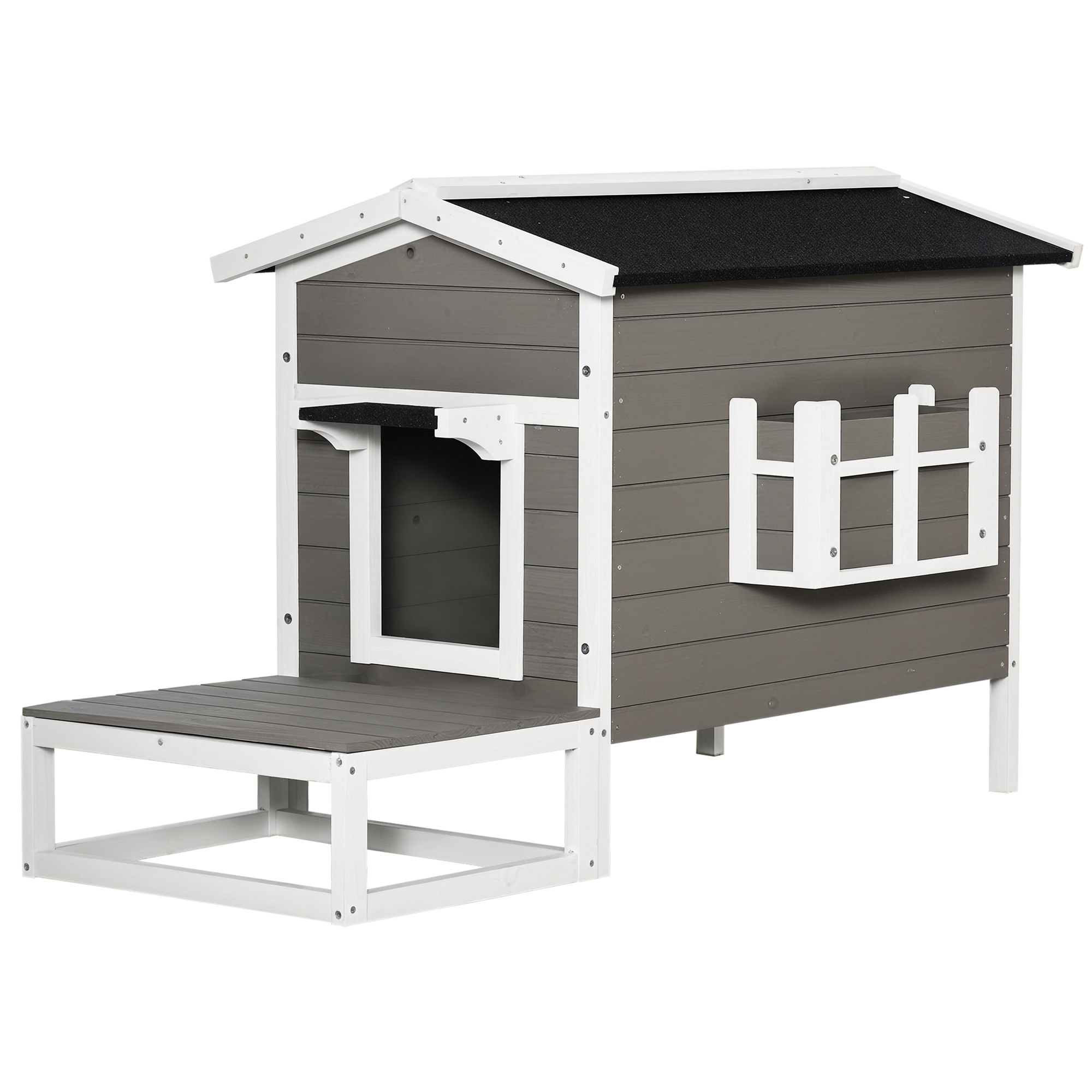 Katzenhaus aus Holz, winterfest wasserdicht Katzenhütte mit Asphaltdach  Terrasse Katzenhöhle Katzenkiste Outdoor Schutzhütte für Draußen Garten Balkon 115 x 66,5 x 74,7 cm Grau+Weiß