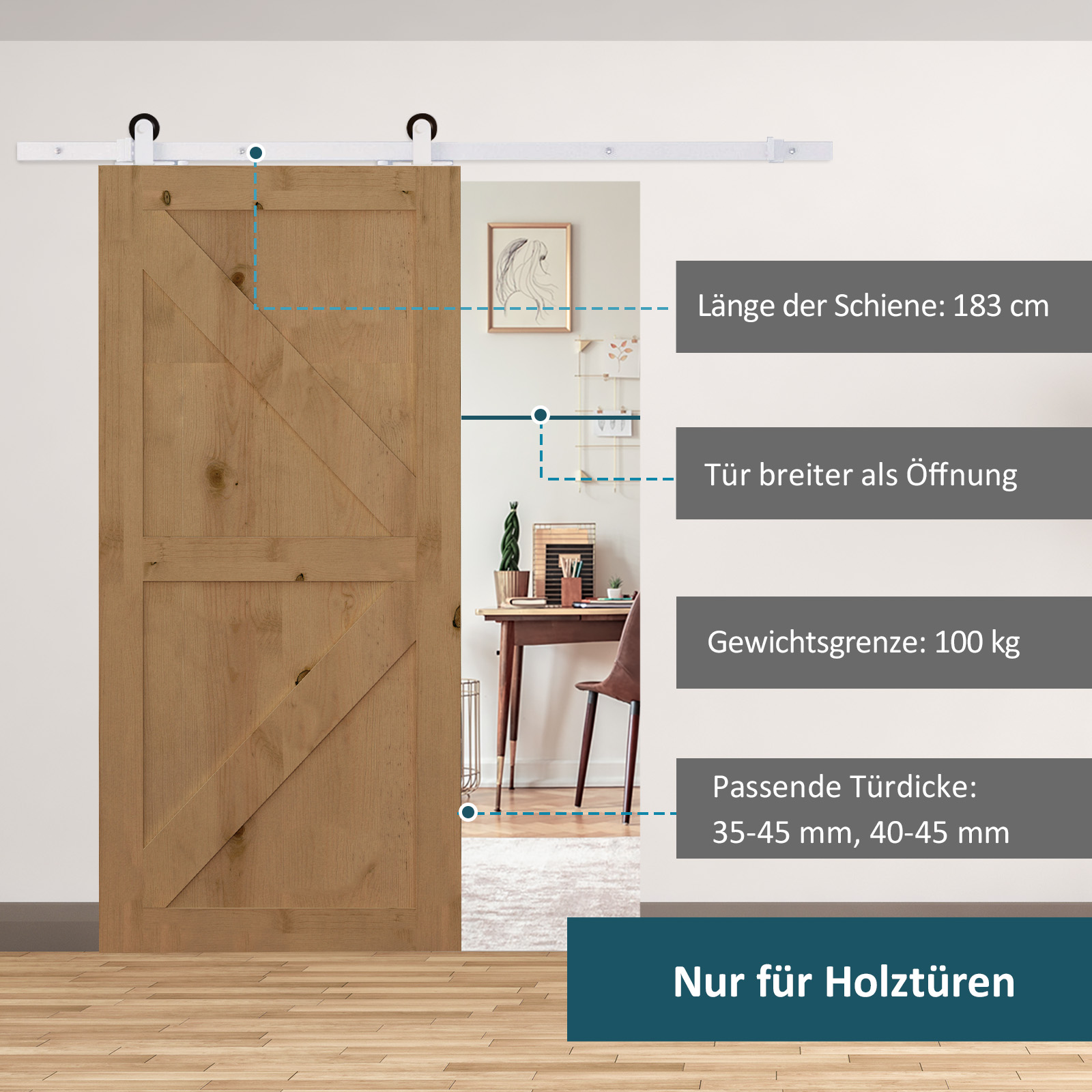 Gleitschienen-Bausatz für Schiebetür, leise Rollen, platzsparend, Karbonstahl, Weiß, 183 cm