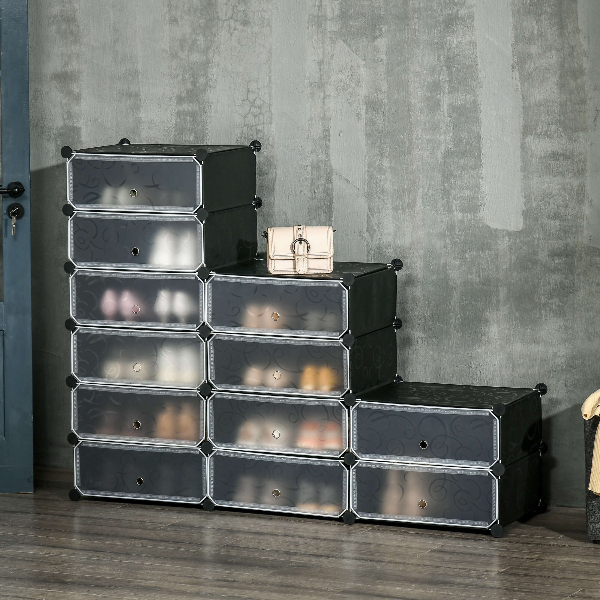 Schuhregal, 12 Aufbewahrungsboxen für 24 Paar Schuhe, Kunststoff, Schwarz+Weiß