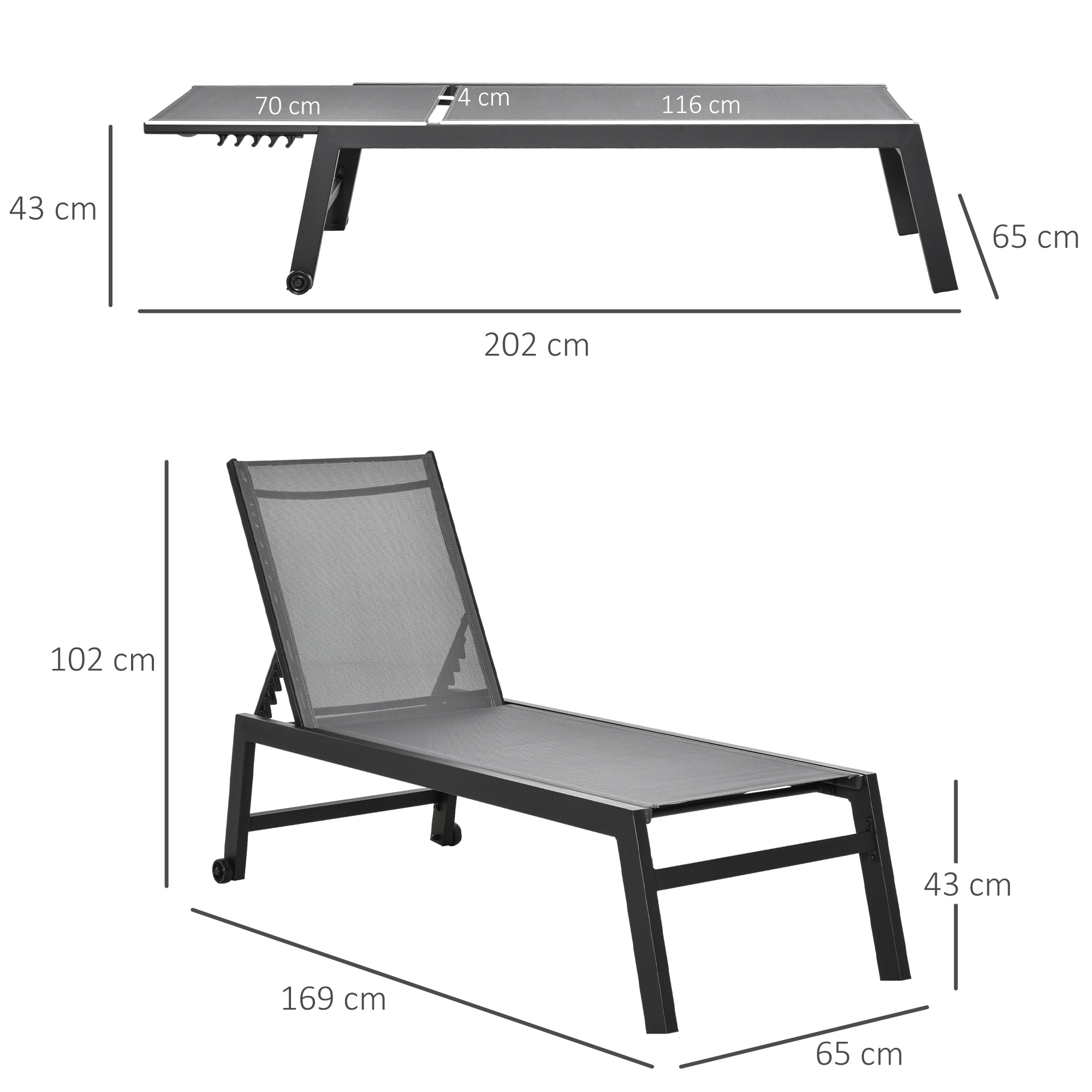 Sonnenliege, Gartenliege, 5-stufige Rückenlehne, Aluminium, Grau, 202 x 65 x 43 cm