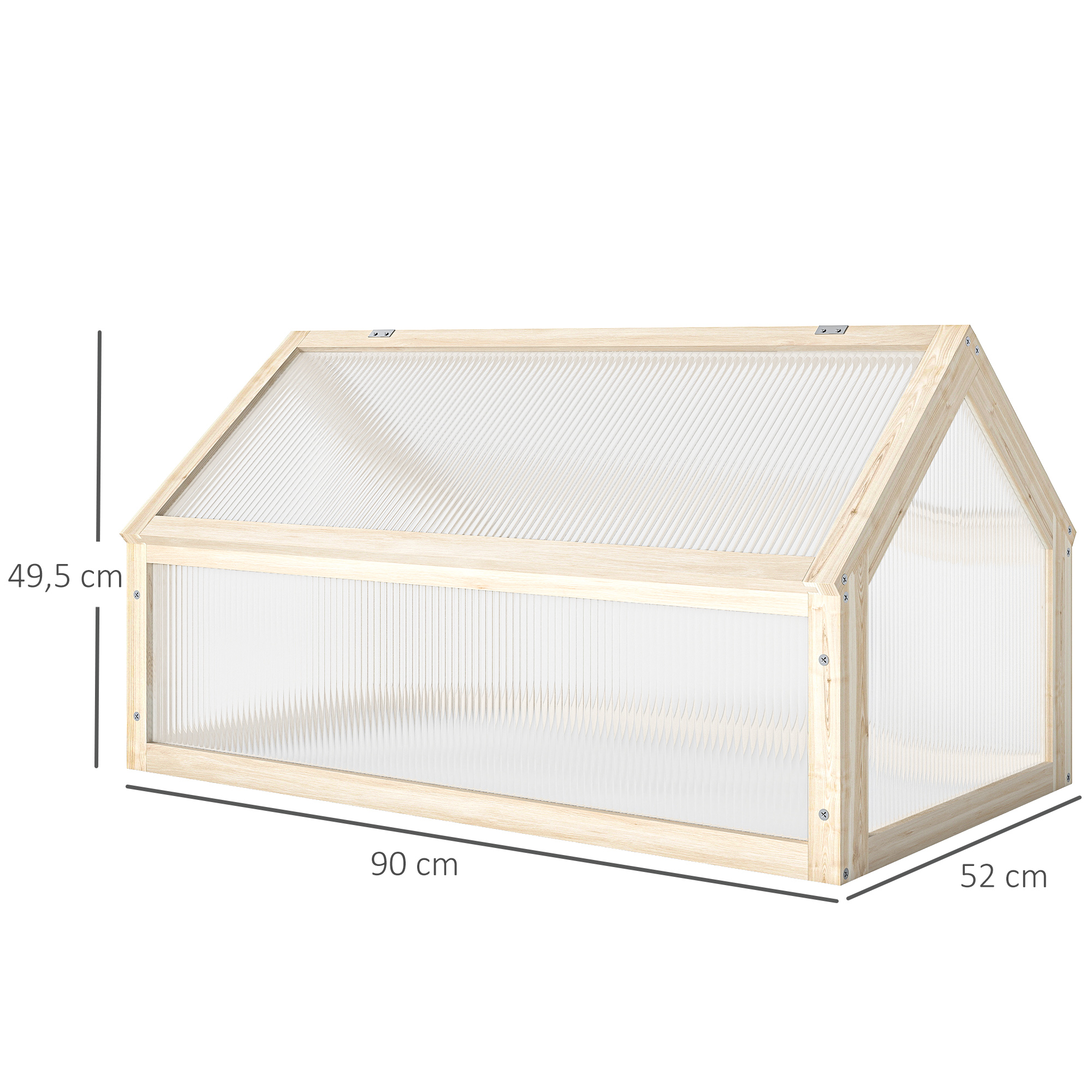 Mini-Gewächshaus, Kompaktes Pflanzenhaus aus Holz, Polycarbonat-Platten, Belüftungsöffnung, 90L x 52B x 49,5H cm, Natur