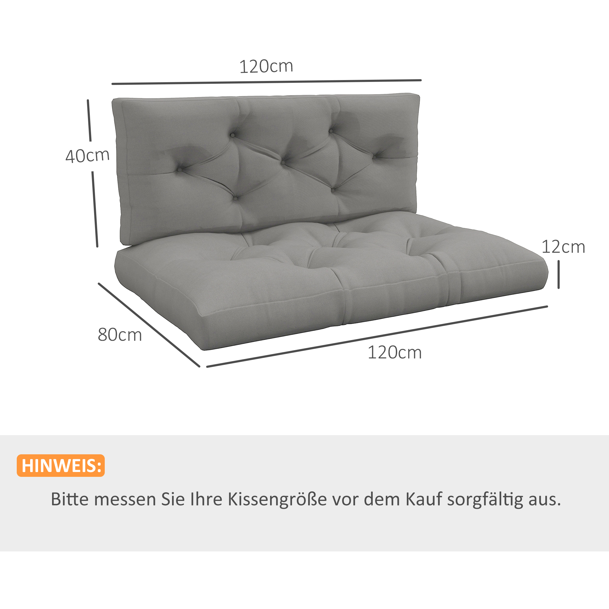 Sitzpolster Sitzkissen Polsterauflage, mit Knopfheftung, 120 x 80 x 12 cm, Grau