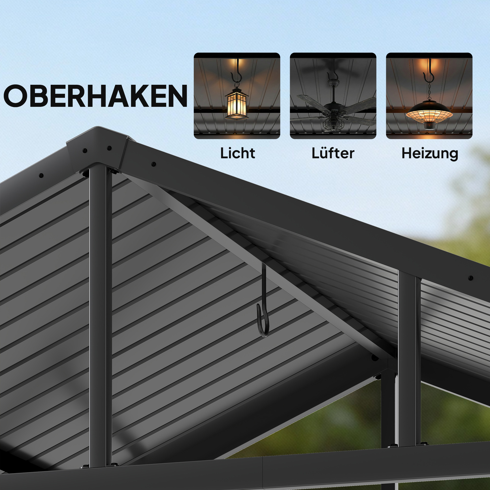 Grillpavillon 2,52 x 1,56 m, Wasserdicht Grill Pavillon mit Satteldach Seitenablage Haken Stahlrahmen Schwarz