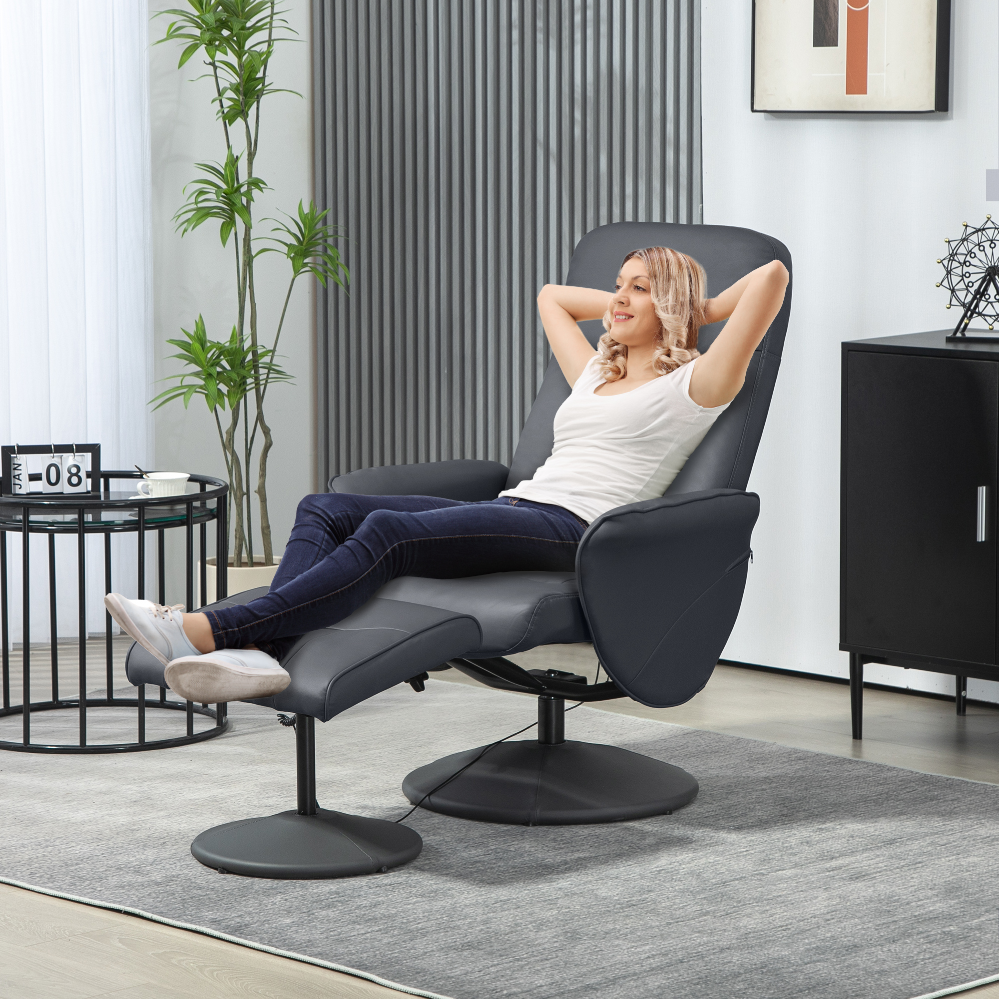 Massagesessel mit Fußhocker, Ergonomischer Stuhl mit 10 Vibrationspunkten, Kunstleder, 76 x 81 x 105 cm, Dunkelgrau