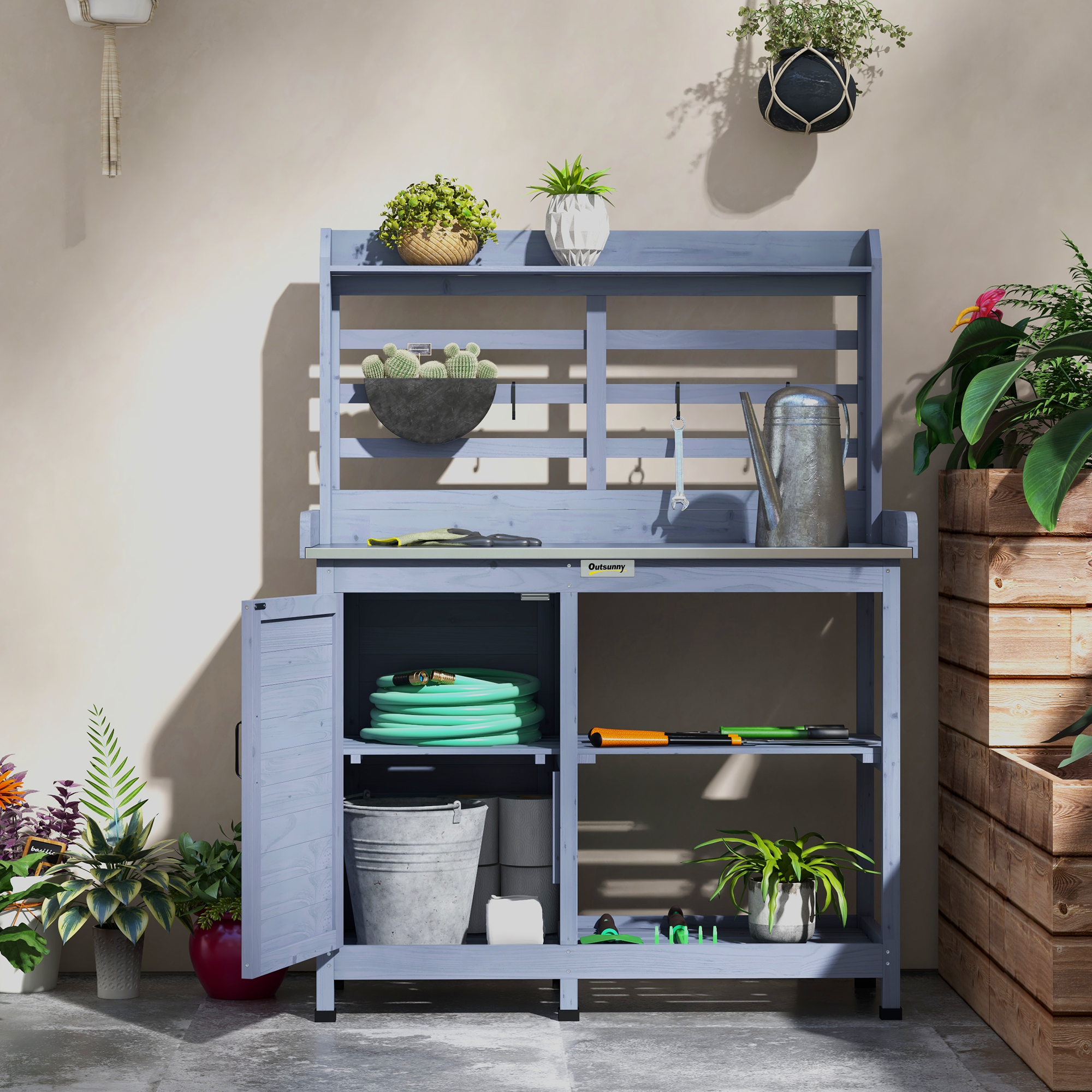 Gartentisch mit Schrankfach, Aluminium-Arbeitsfläche, Stauraum, 112x47x146cm, Grau