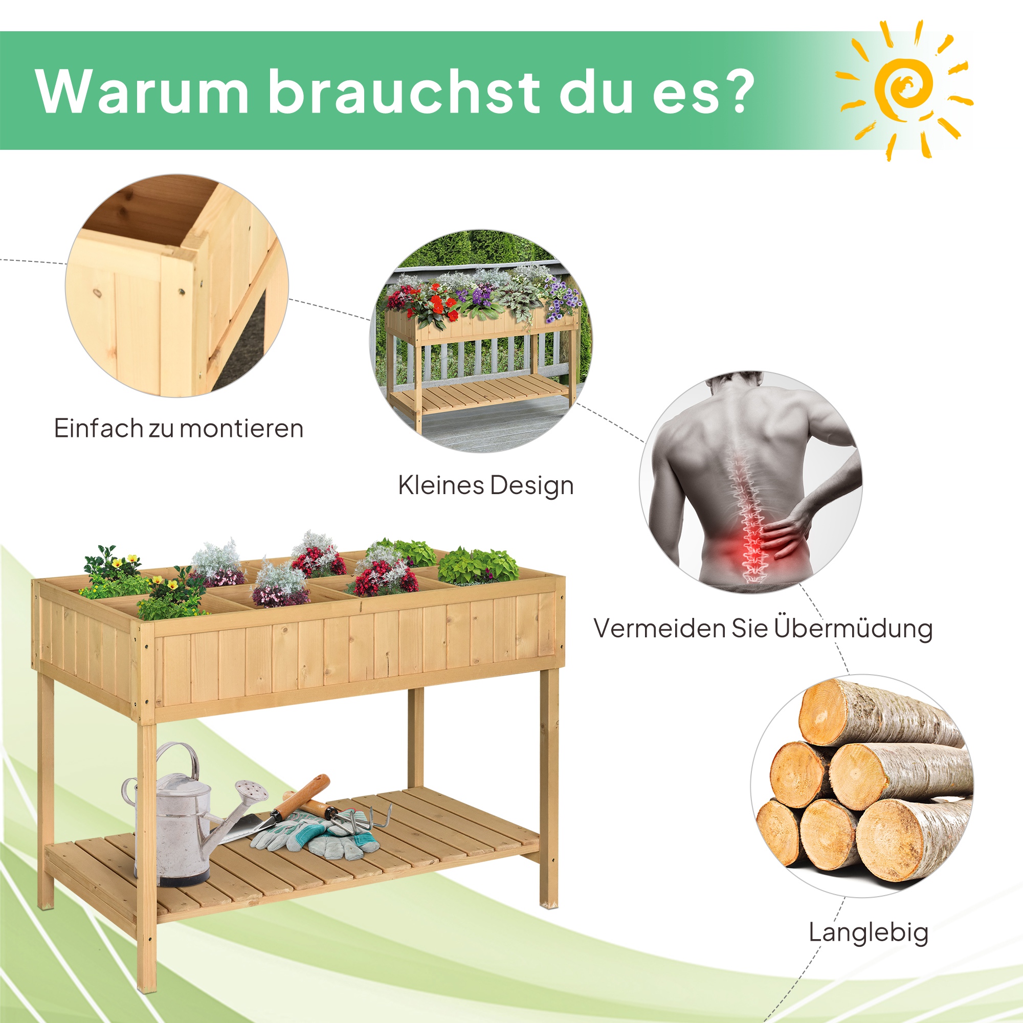 Hochbeet 8 Fächer Pflanztisch Blumenkasten Tannenholz 1 Ablage + Abfluss