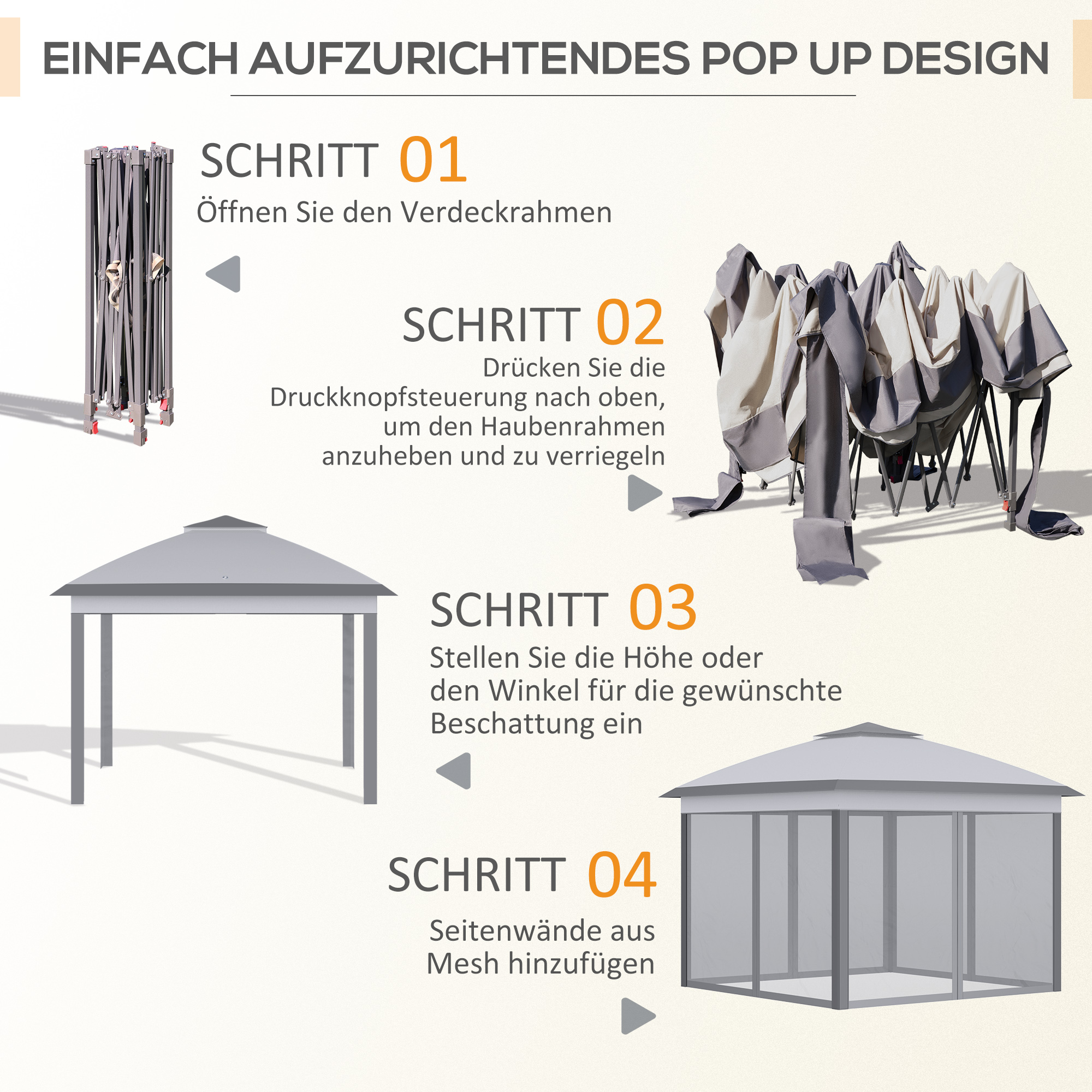 Faltpavillon, Gartenpavillon, Metall und Stoffplane, Netzvorhänge, Entwässerungslöcher, 330L x 330B x 288H cm, Grau