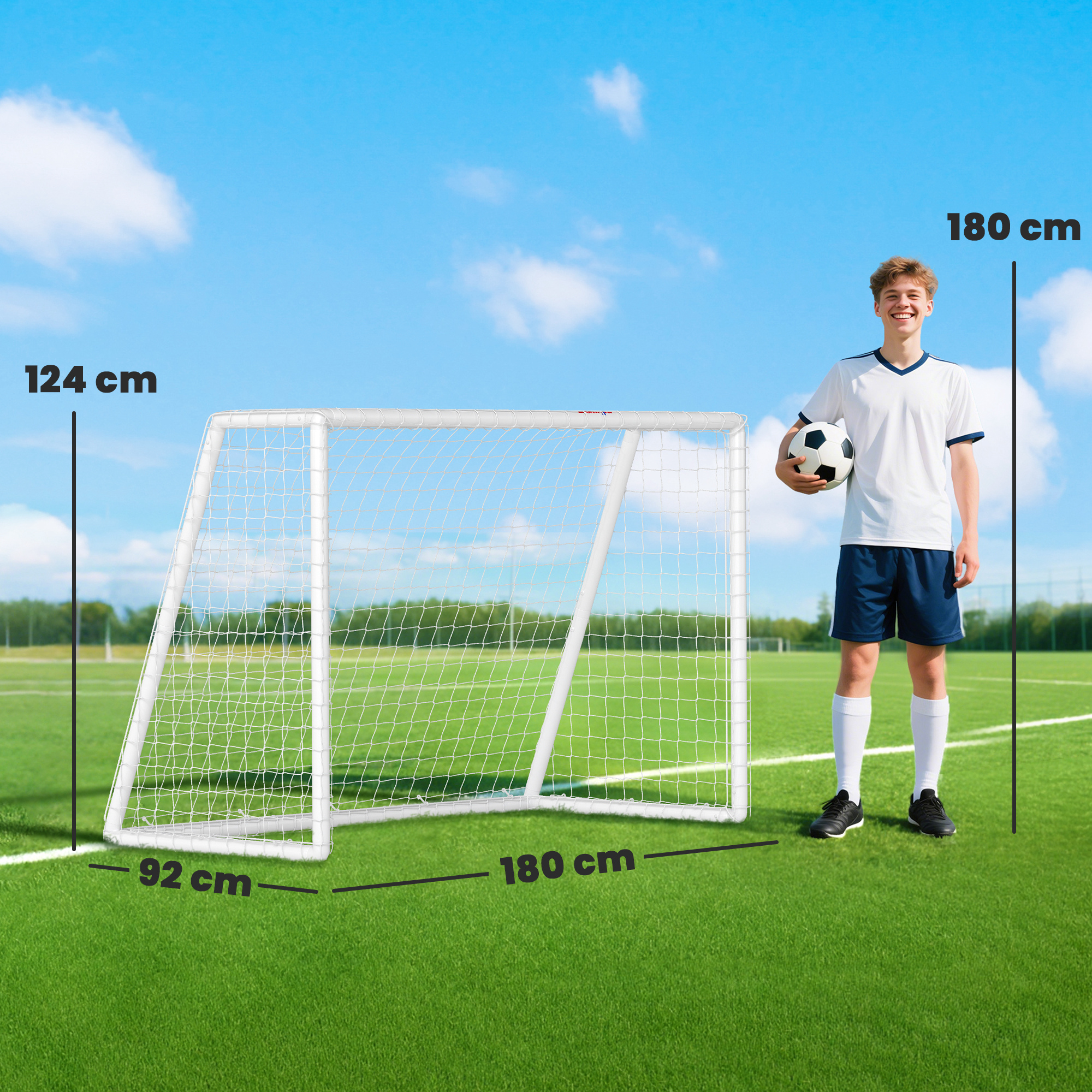 Fußballtor, robustes Netz, Kunststoff-Rahmen, Heringe, 180L x 92B x 124H cm, Weiß