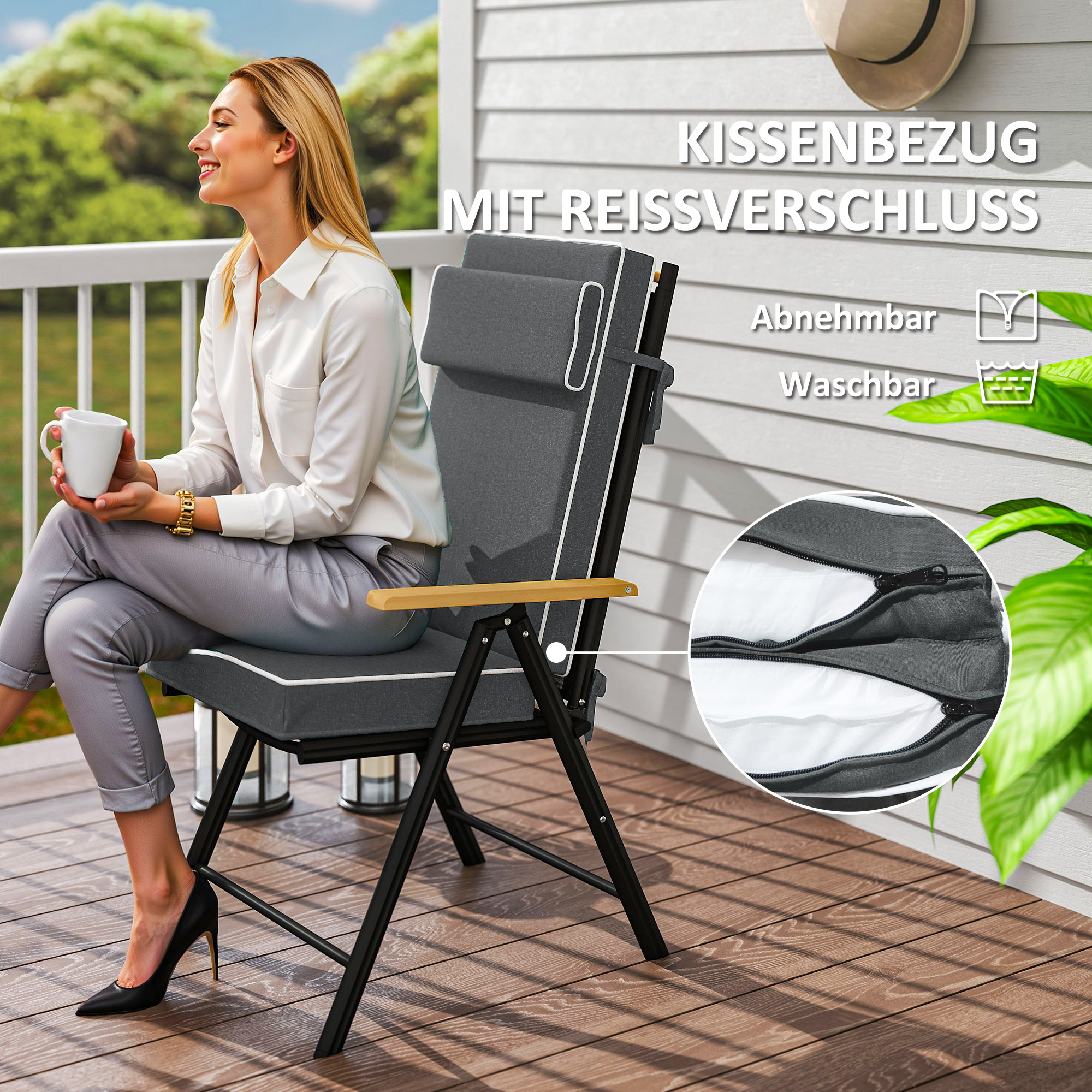 Sitzkissen 120 x 47 x 9,5 cm wasserabweisend Stuhlkissen mit Bändern, Kopfstütze, UPF50+ Dunkelgrau