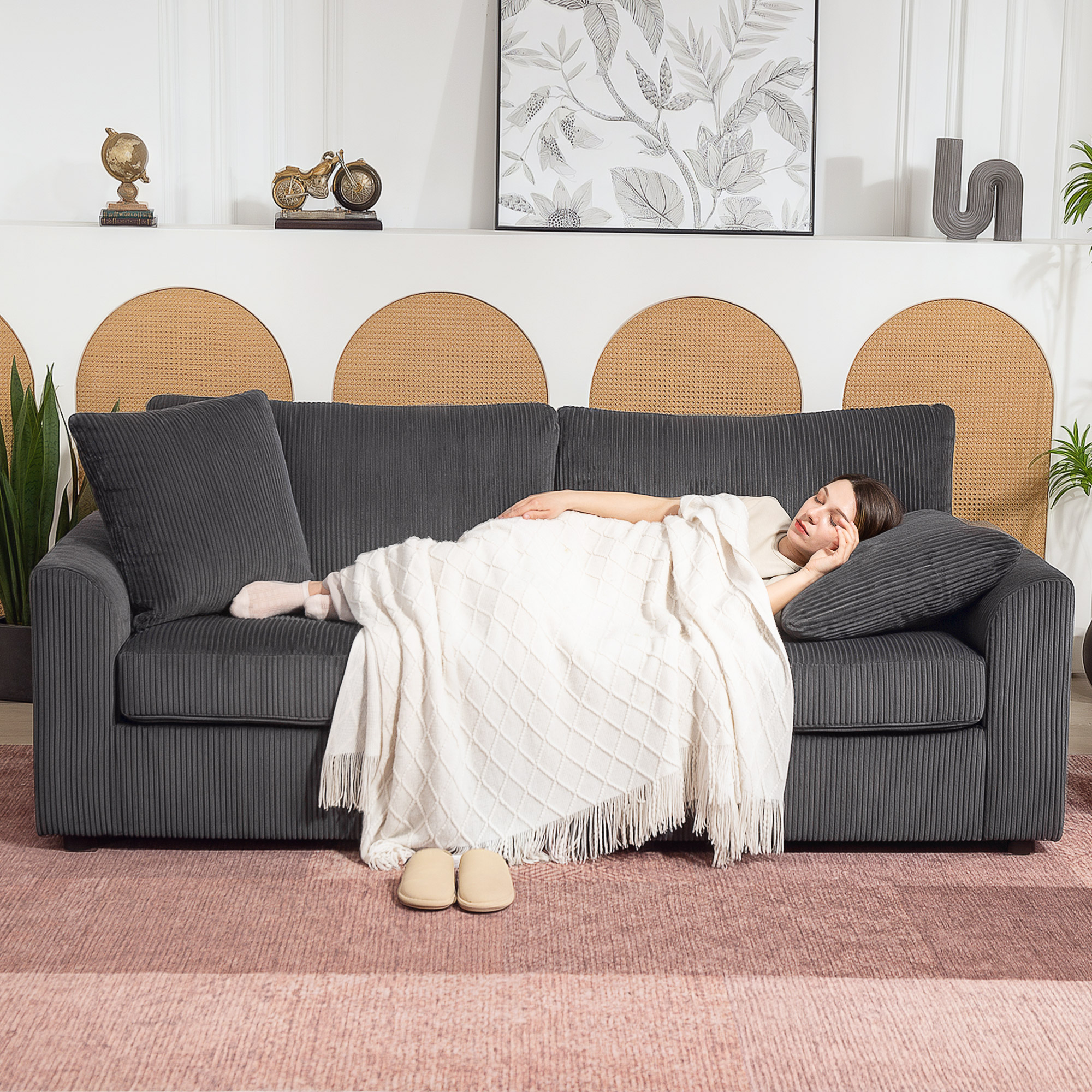 3-Sitzer-Sofa mit Zierkissen, Cordsofa für Wohnzimmer, Schlafzimmer, 212 cm breit, Dunkelgrau