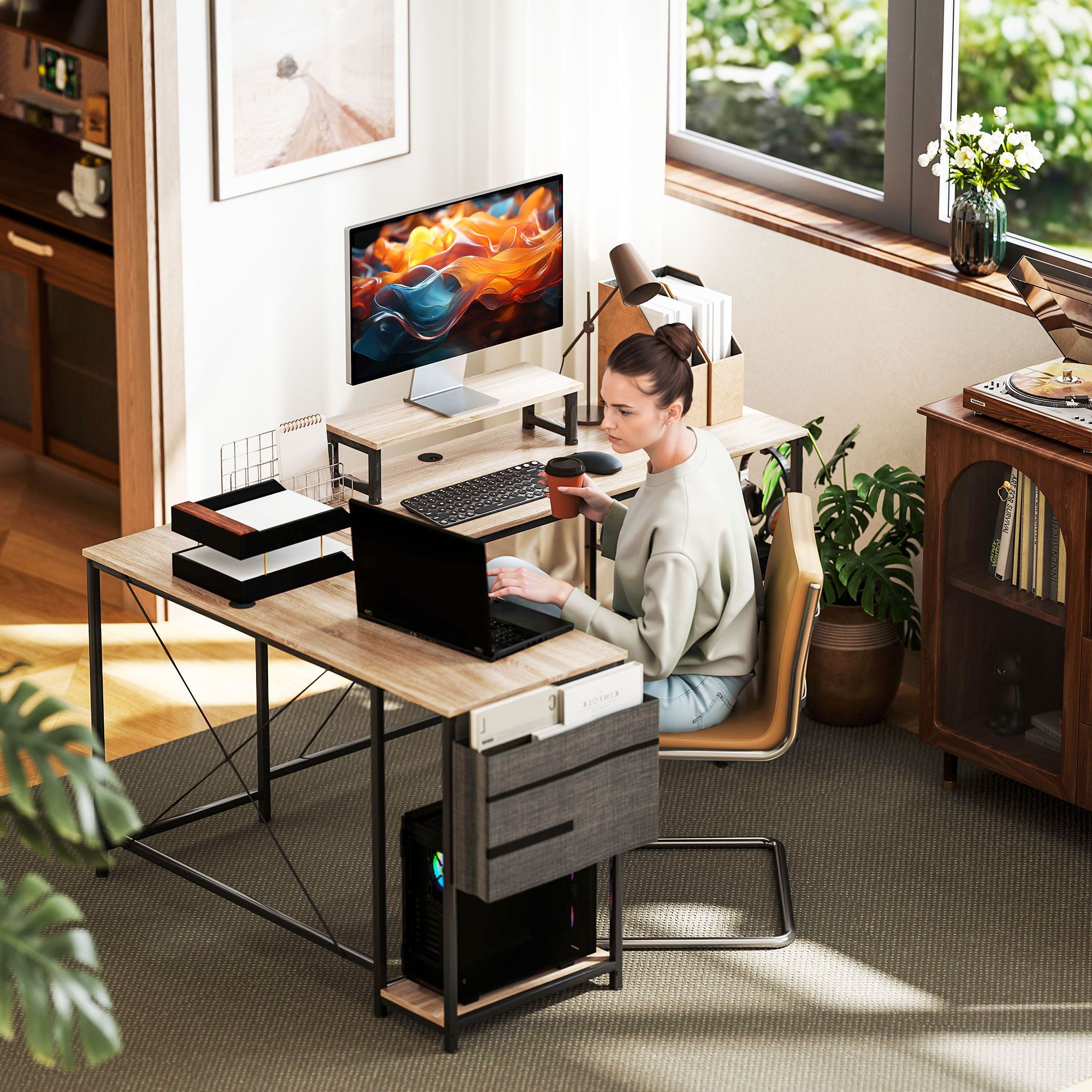 L-förmiger Schreibtisch, Vielseitiger Bürotisch mit einstellbaren Regalen und Aufbewahrungstasche, Monitorständer, Natur