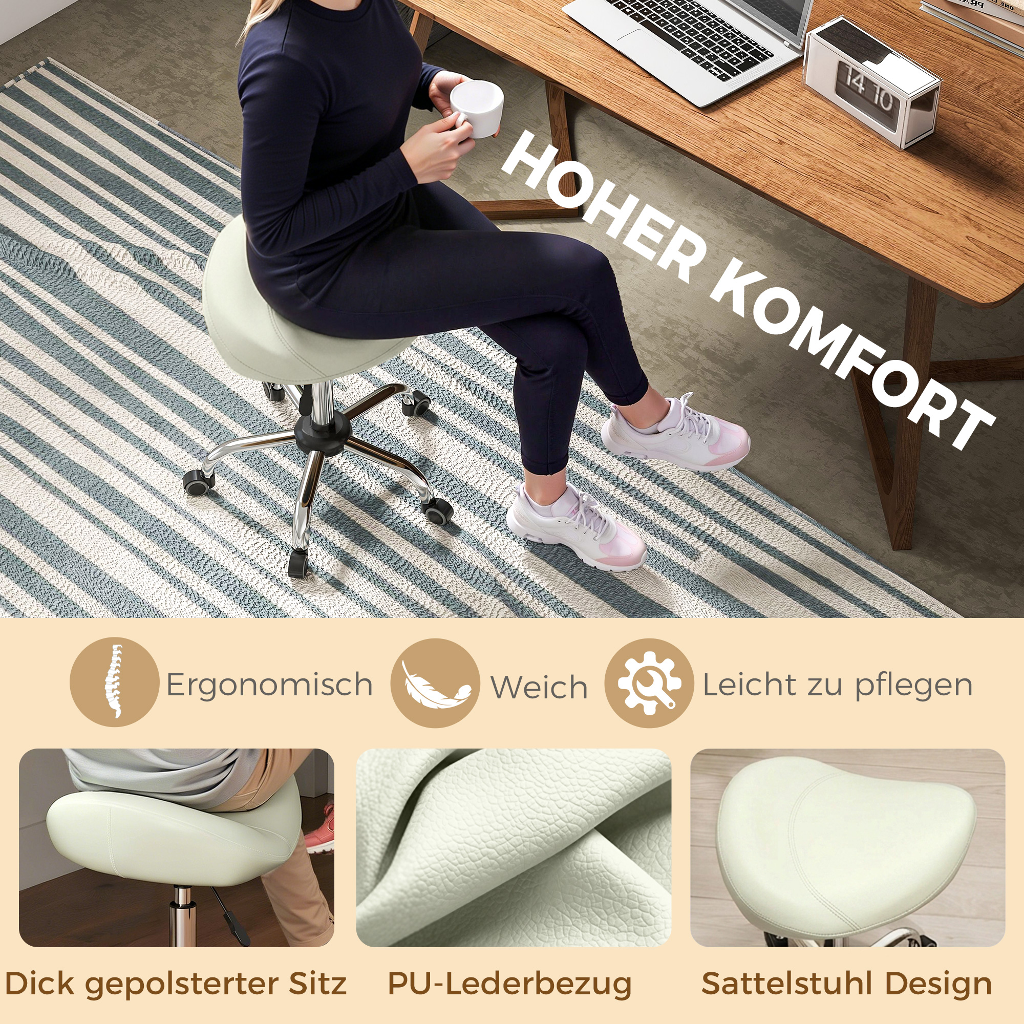 Sattelstuhl, höhenverstellbarer Rollstuhl mit PU-Leder für Massage, Spa, Klinik, Beauty und Tattoo, Cremeweiß